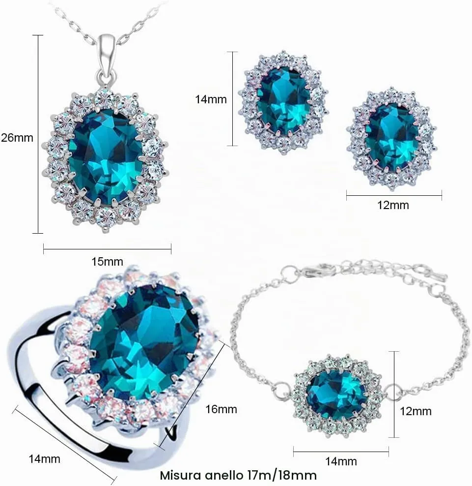 TOFBS Set di Gioielli con Zirconi Cubici Collana, Orecchini, Bracciale e Anello - Blu Marino - immagine 4