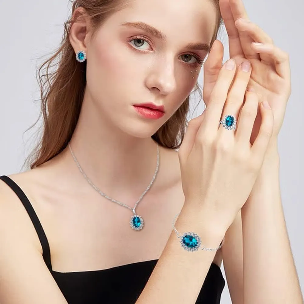 TOFBS Set di Gioielli con Zirconi Cubici Collana, Orecchini, Bracciale e Anello - Blu Marino - immagine 5