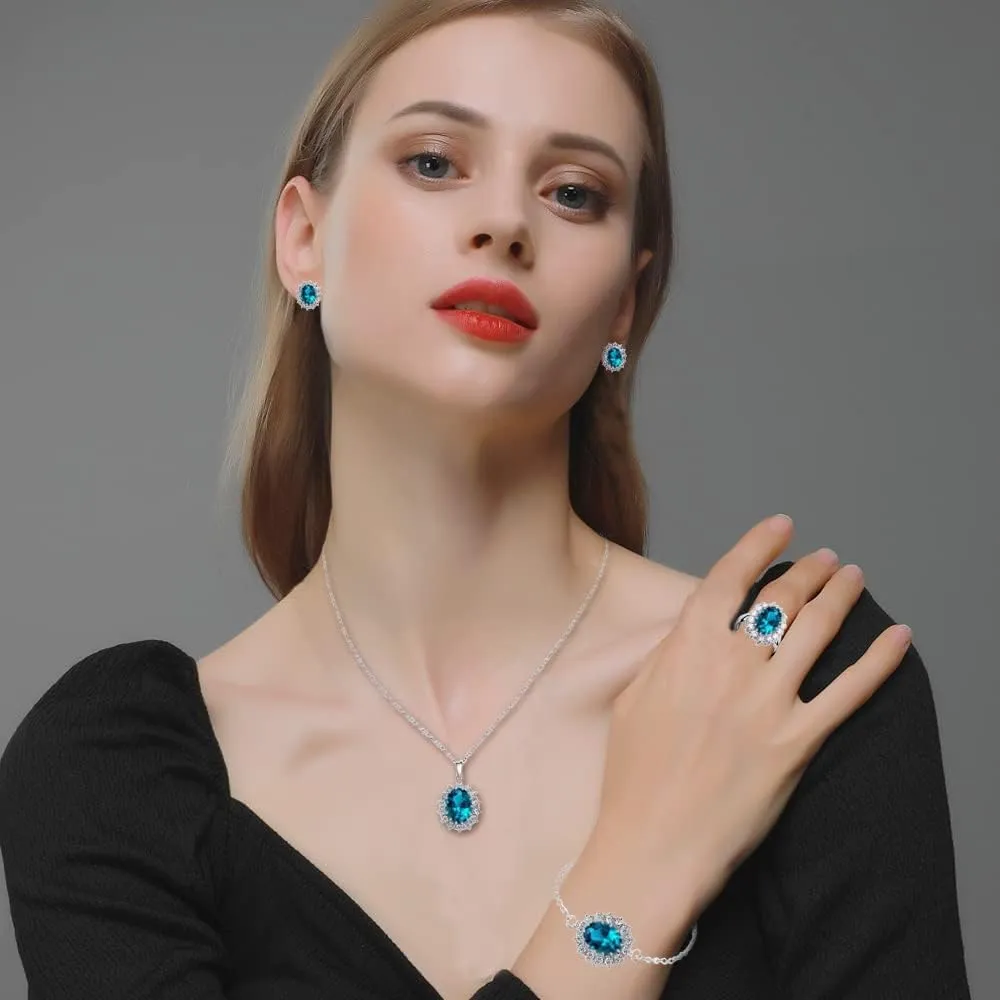 TOFBS Set di Gioielli con Zirconi Cubici Collana, Orecchini, Bracciale e Anello - Blu Marino - immagine 6