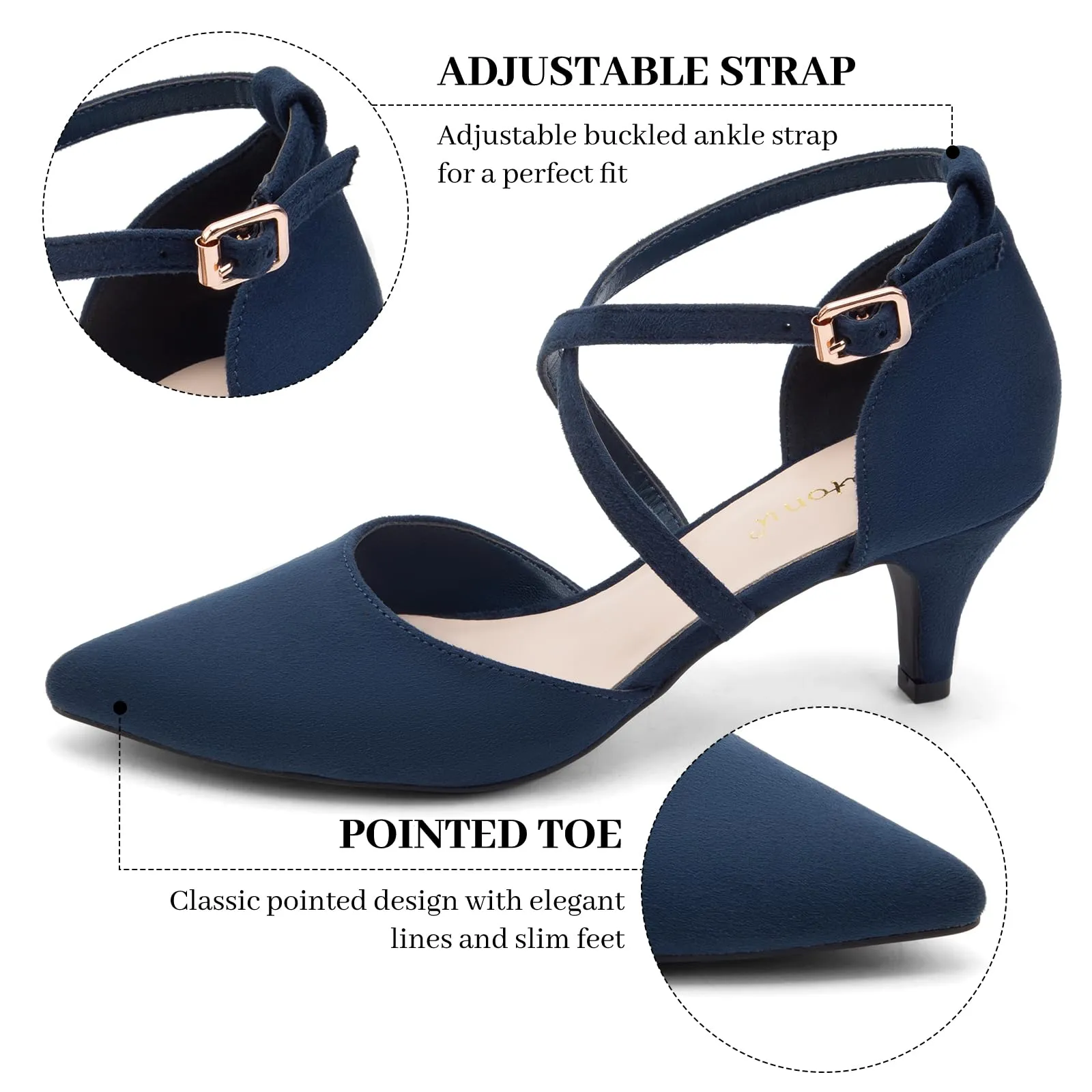 Greatonu Sandali con Tacco Gattino Punta Chiusa e Cinturino alla Caviglia, Blu, 36 EU - immagine 3