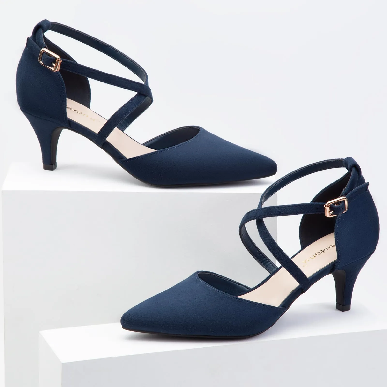 Greatonu Sandali con Tacco Gattino Punta Chiusa e Cinturino alla Caviglia Donna, Blu, 40 EU - immagine 5
