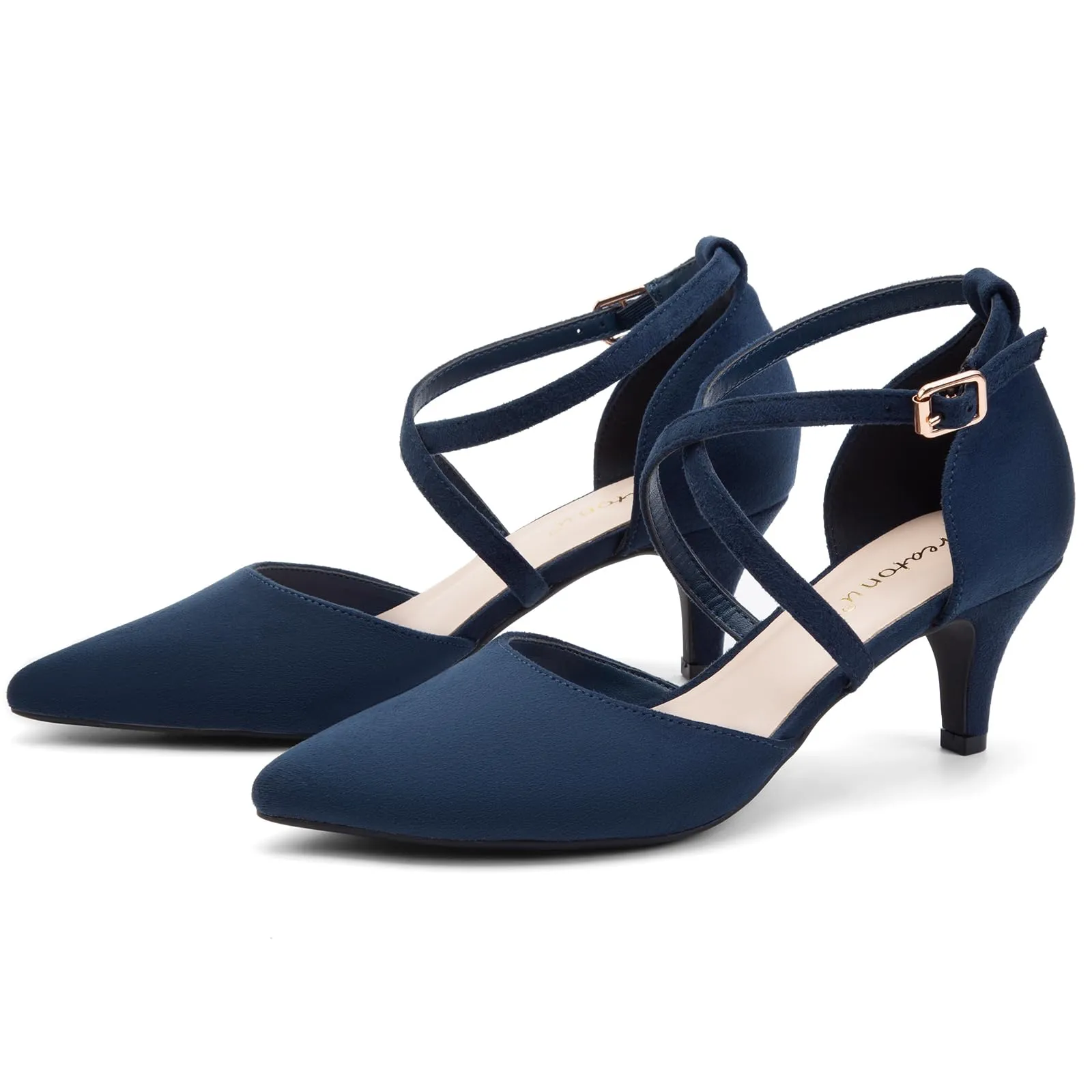 Greatonu Sandali con Tacco Gattino Punta Chiusa e Cinturino alla Caviglia Donna, Blu, 40 EU - immagine 6