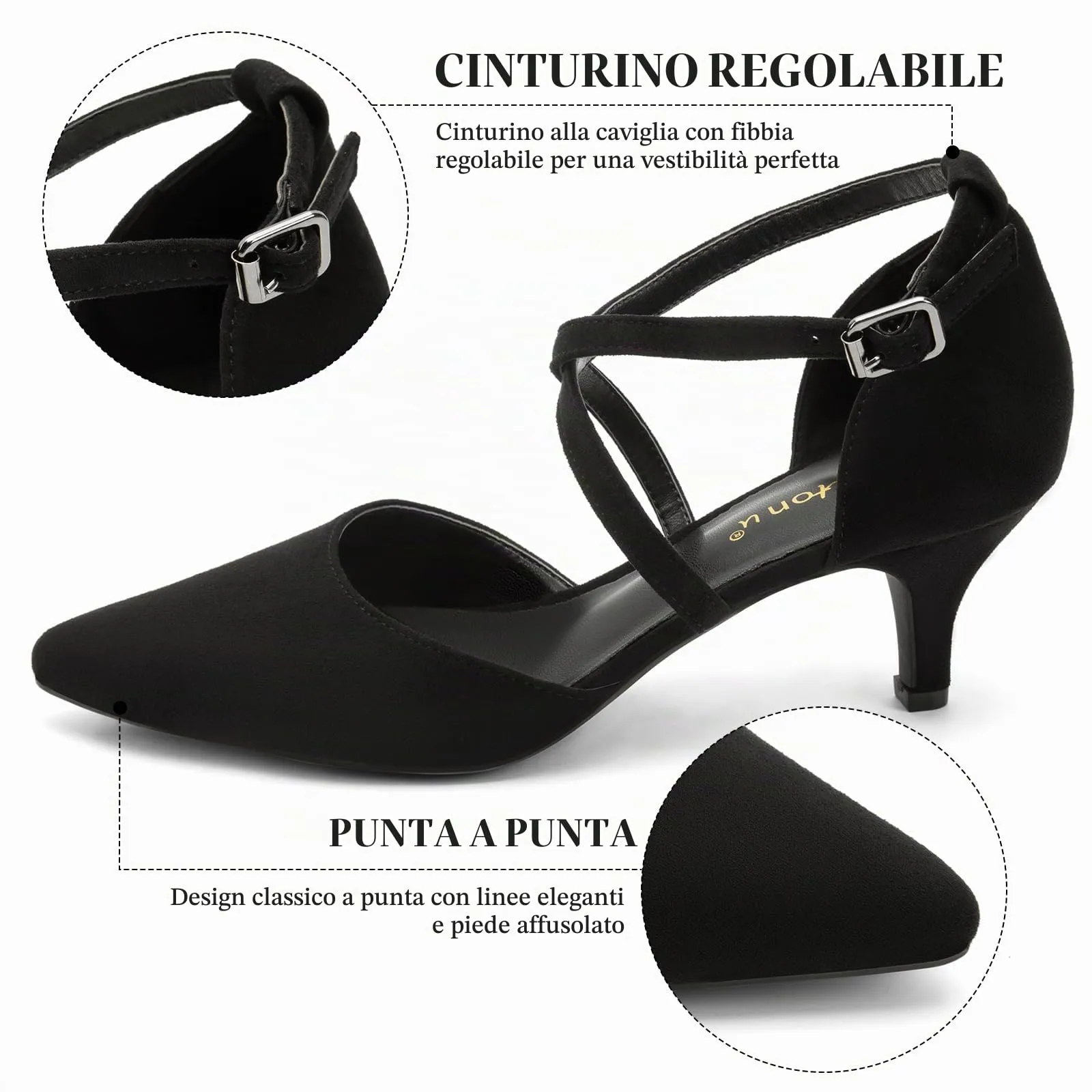 Greatonu Sandali con Tacco Gattino Punta Chiusa Cinturino alla Caviglia Nero 40 EU - immagine 3
