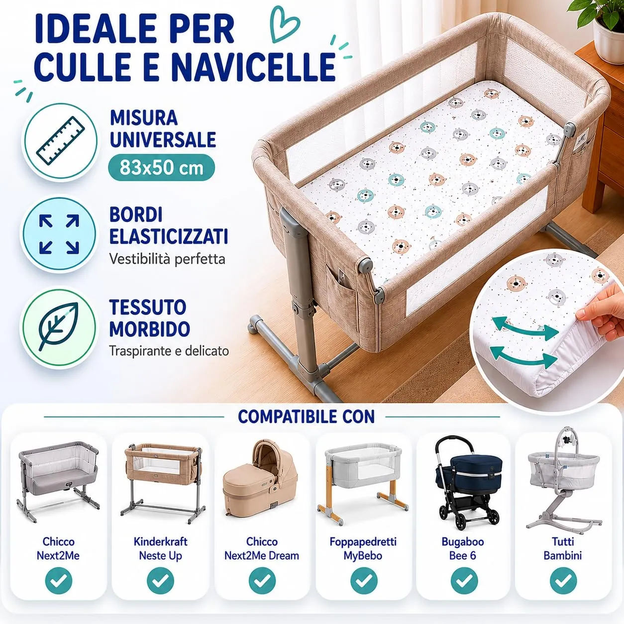 FlyIdeas Set 2 Lenzuola e 1 Coprimaterasso Impermeabile per Next to Me, 50x83 cm, 100% Cotone, Cute Bears - immagine 5