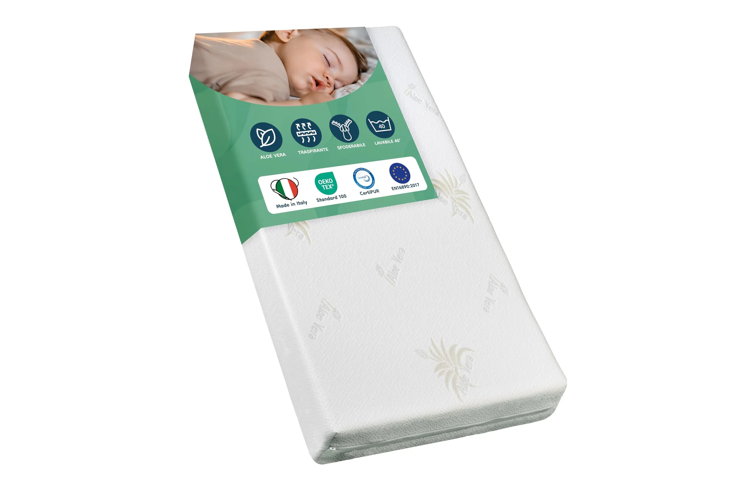 GHIOCUSCINI Materasso Culla Neonato Aloe Vera, 60 x 120 x 11 cm, Certificato EN16890:2017 + A1:2021, OEKO-TEX, CertiPUR - immagine 1