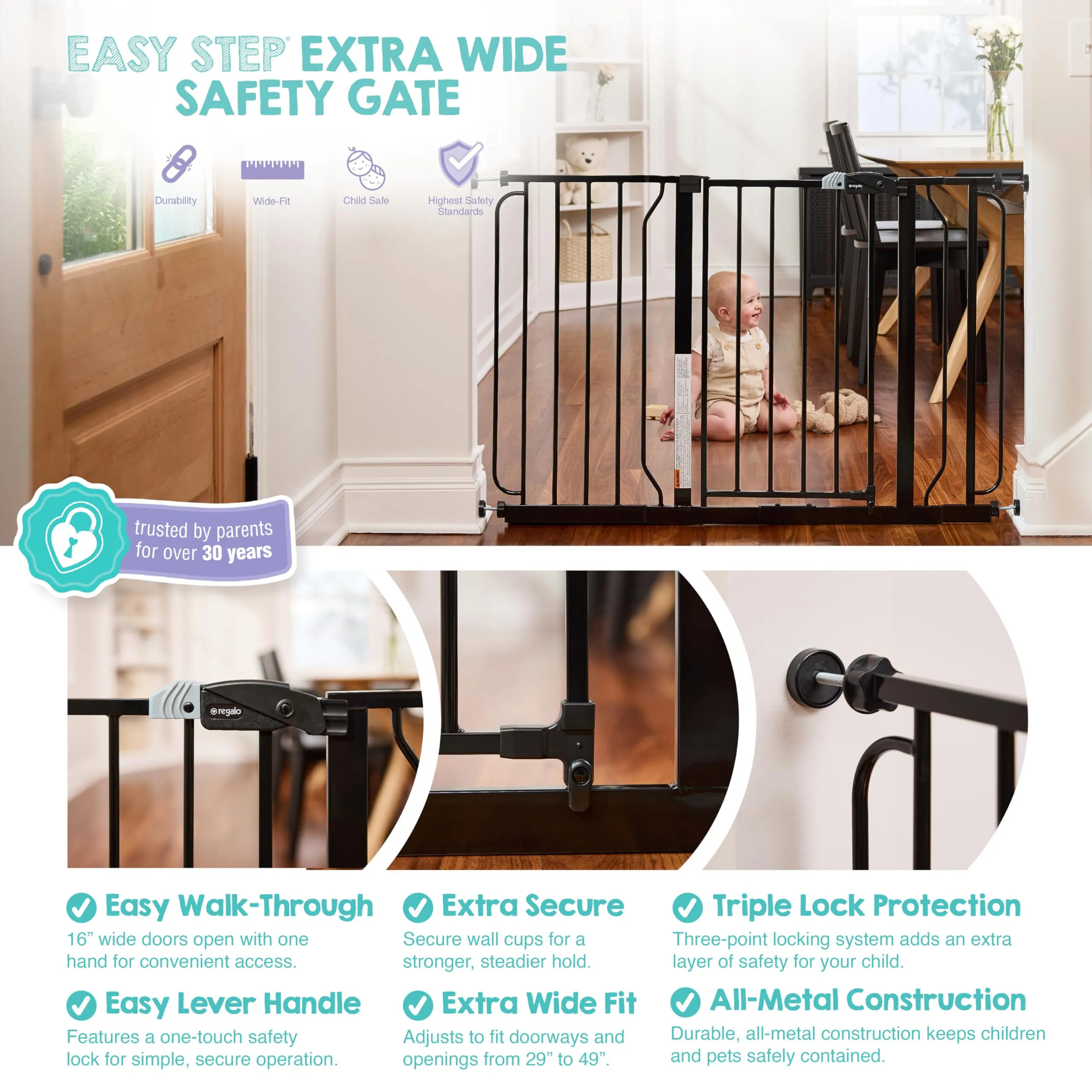 Regalo Extra Wide Baby Gate for Doorways and Bottom of Stairs, 73.6-122cm, Pressure Mounted, Black - immagine 4