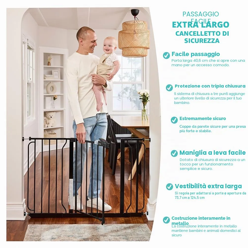 Regalo Extra Wide Baby Gate for Doorways and Bottom of Stairs, 73.6-122cm, Pressure Mounted, Black - immagine 5