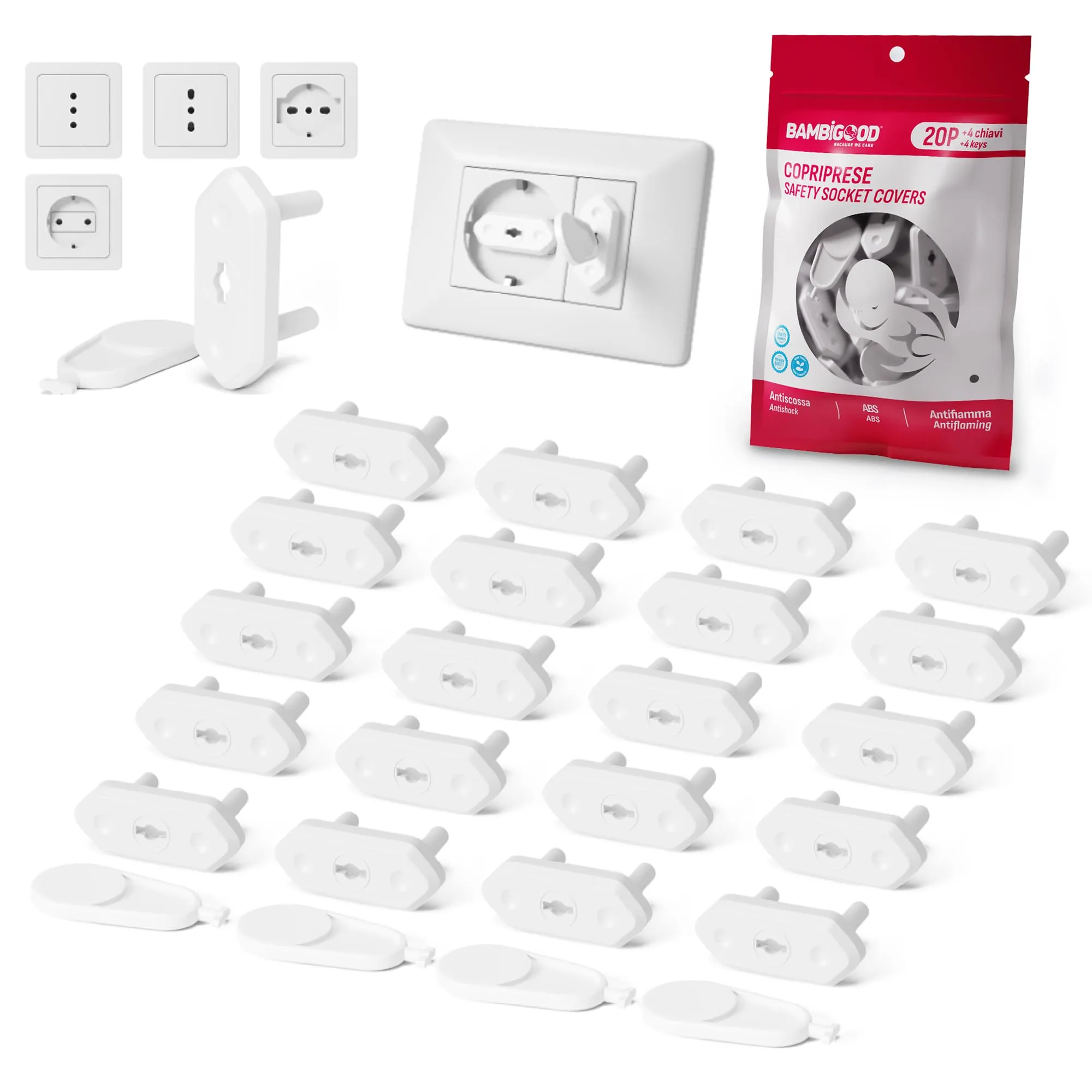 BAMBIGOOD Set 24 Copriprese per Bambini Protezione Prese Corrente 10A, 16A e Schuko - immagine 1