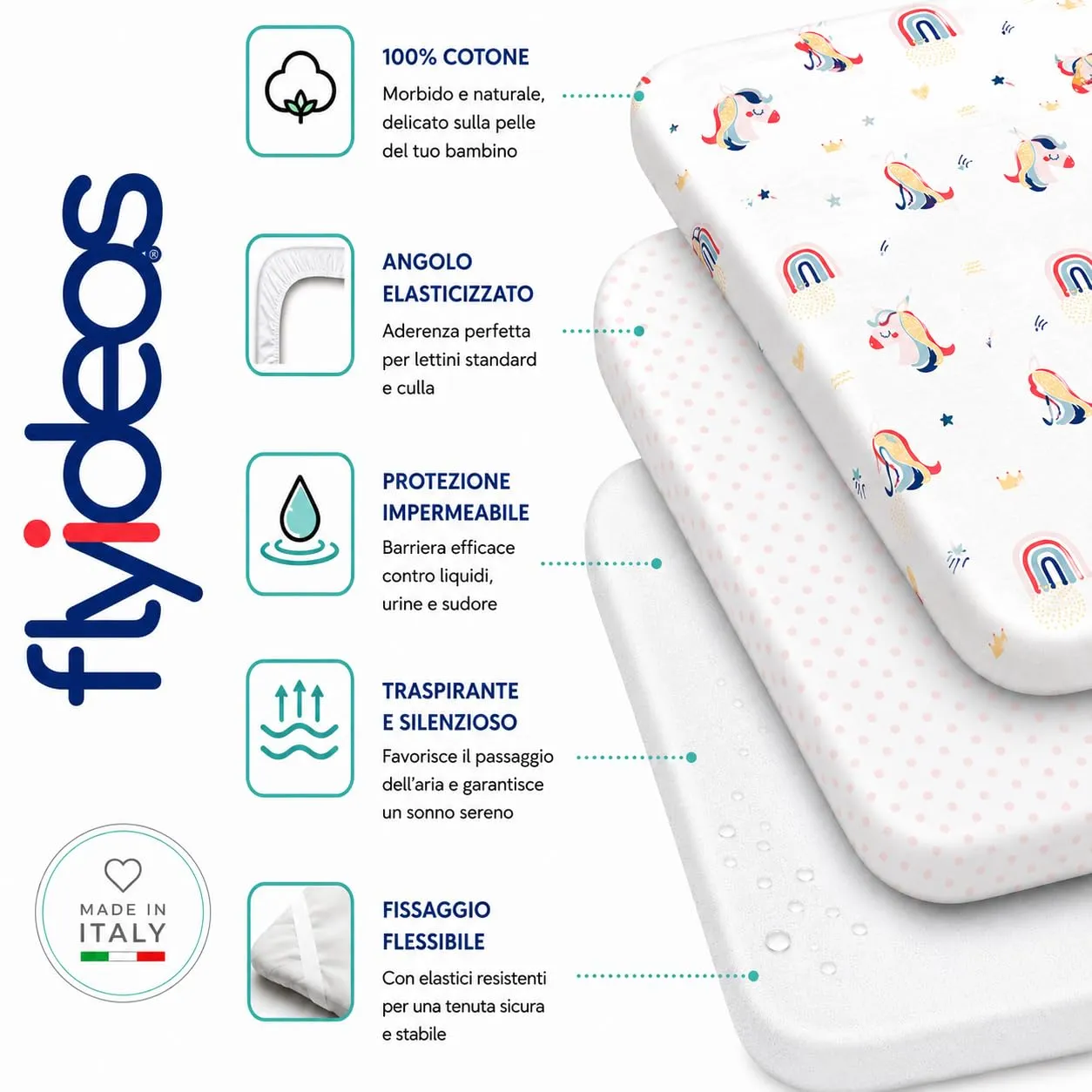 FlyIdeas Set 2 Lenzuola per Next to Me 50x83 cm 100% Cotone e 1 Coprimaterasso Impermeabile, Rainbow Unicorns - immagine 5