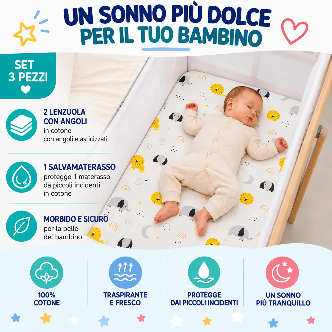 FlyIdeas Set Lenzuola Culla 90x55 cm con Coprimaterasso Impermeabile, 100% Cotone, Compatibile con Kinderkraft Neste Up, Baby Animals - immagine 8