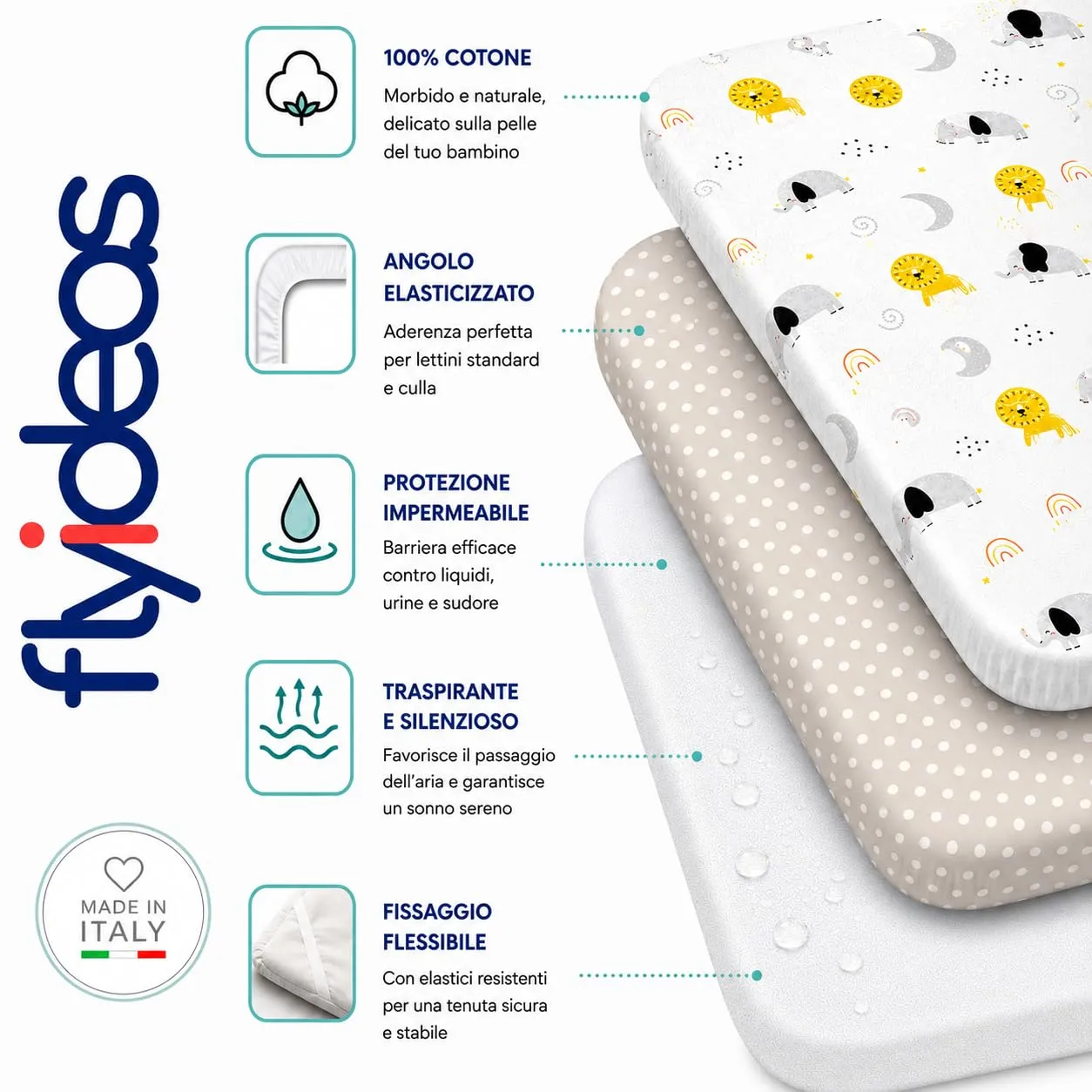 FlyIdeas Set Lenzuola Navicella Neonato 75x35 cm con Coprimaterasso Impermeabile, 100% Cotone, Baby Animals - immagine 2