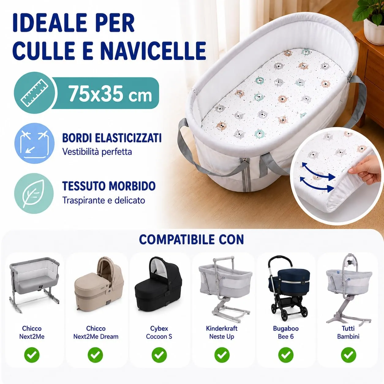 FlyIdeas Set Lenzuola Navicella Neonato 75x35 cm con Coprimaterasso Impermeabile, 100% Cotone, Baby Animals - immagine 5