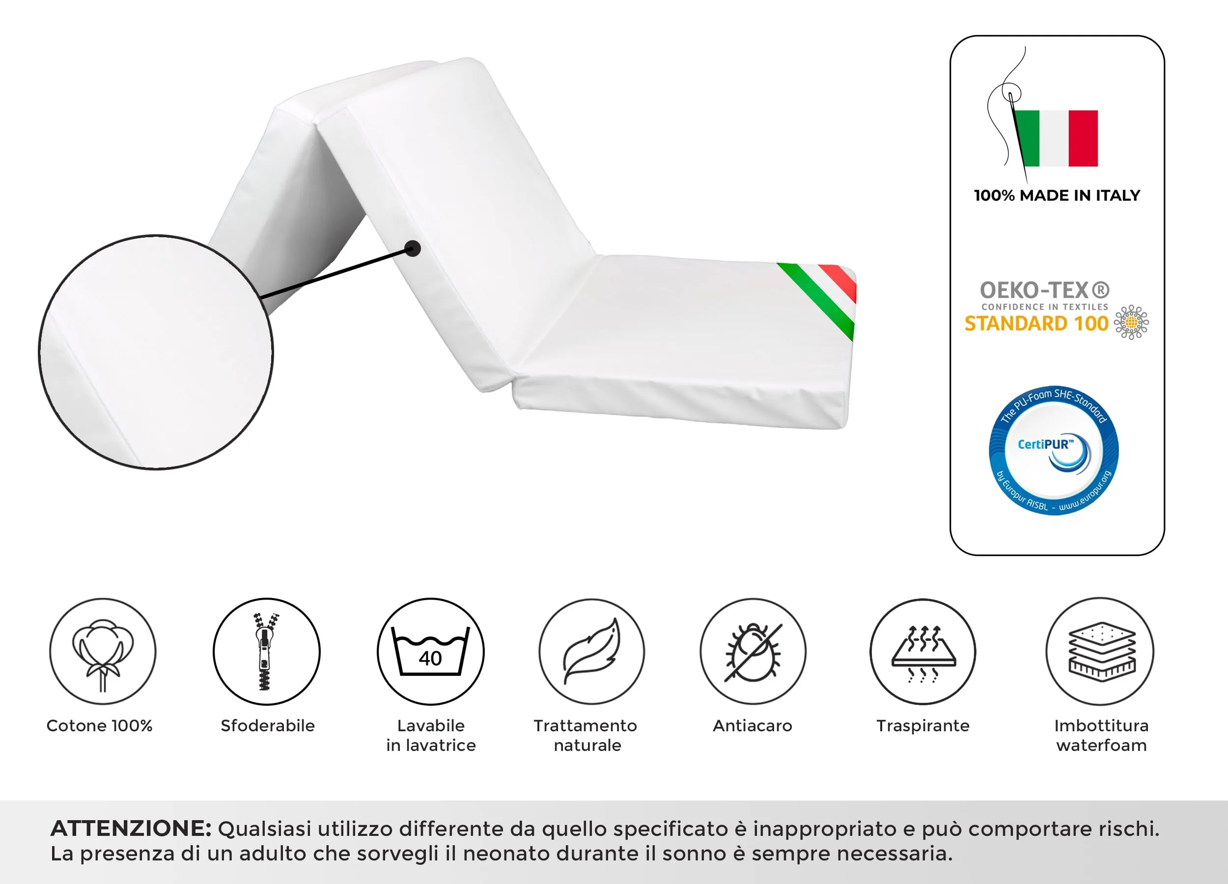 GHIOCUSCINI Materasso Pieghevole per Bambini, 120 x 60 x 5 cm, Cotone Bianco, Imbottitura Waterfoam, Made in Italy EN16890:2017 - immagine 2