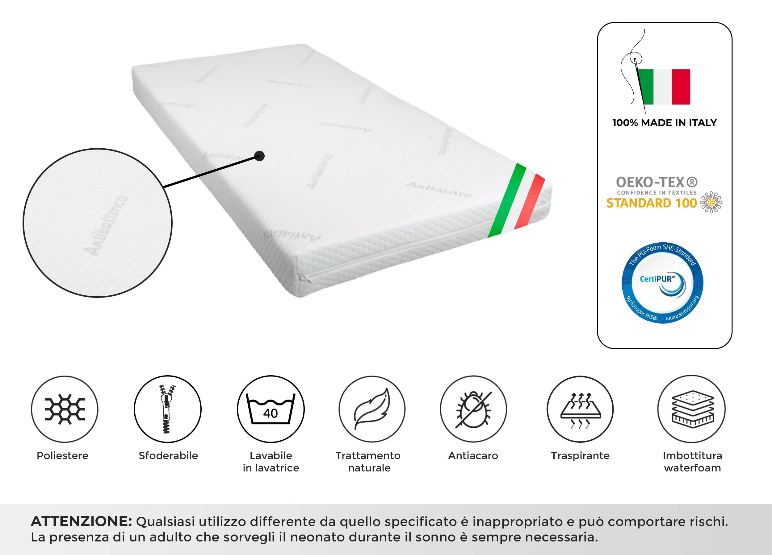 GHIOCUSCINI Materasso Culla Neonato 60x120x11 cm Antiacaro Certificato EN16890:2017+A1:2021 OEKO-TEX CertiPUR Traspirante Antimicrobico e Antibatterico - immagine 2