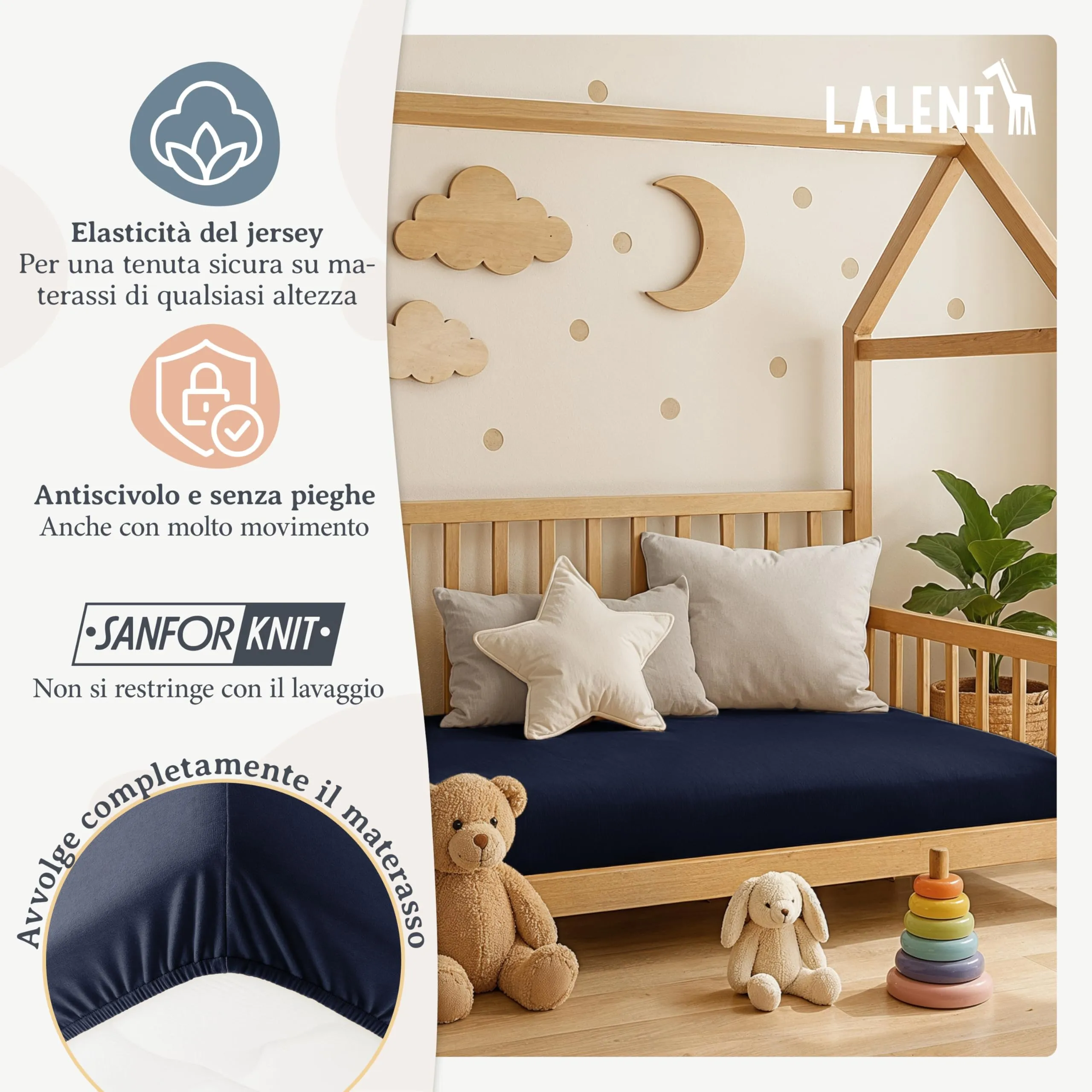 Laleni Lenzuola Coprimaterasso per Culla e Lettino in Cotone, 60x120-70x140cm, Blu Oceano - immagine 4