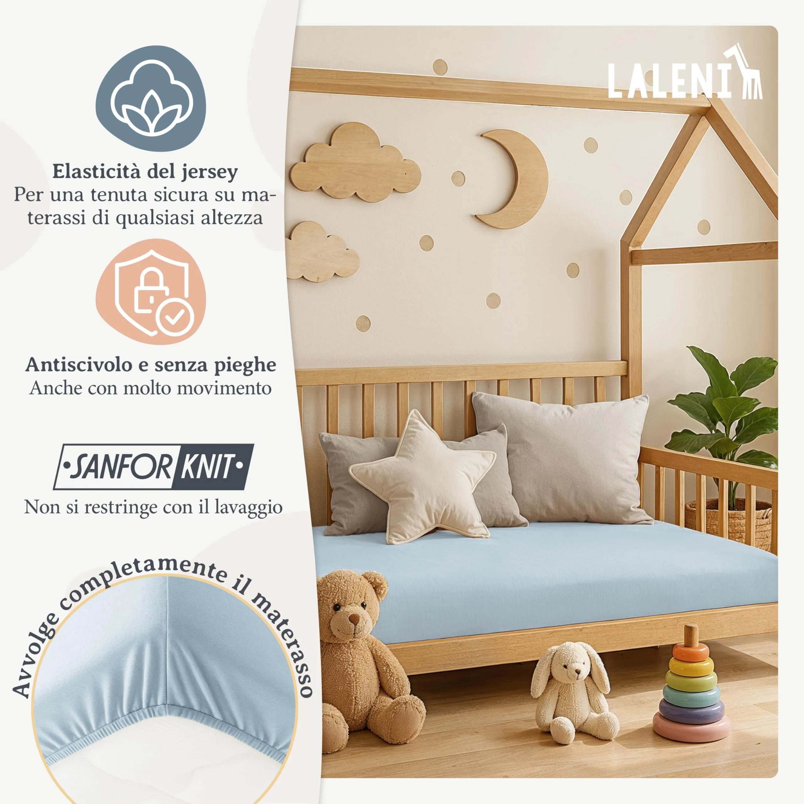 Laleni Lenzuola per Culla e Lettino in Cotone, Coprimaterasso con Angoli Elastici, 100x115cm, Azzurro - immagine 4