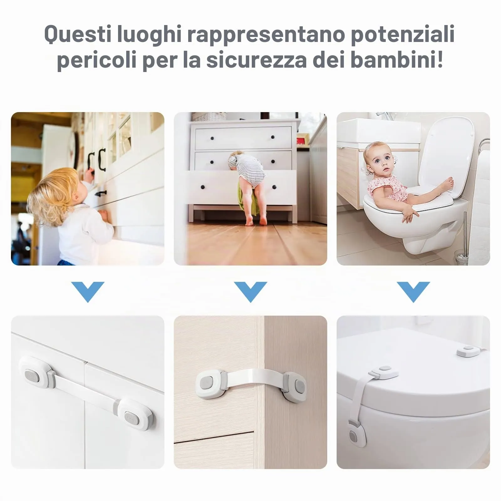 BillyBath Chiusure di Sicurezza per Bambini, Blocca Cassetti Credenza Frigo Toilette, 6 Pezzi, Grigio - immagine 3