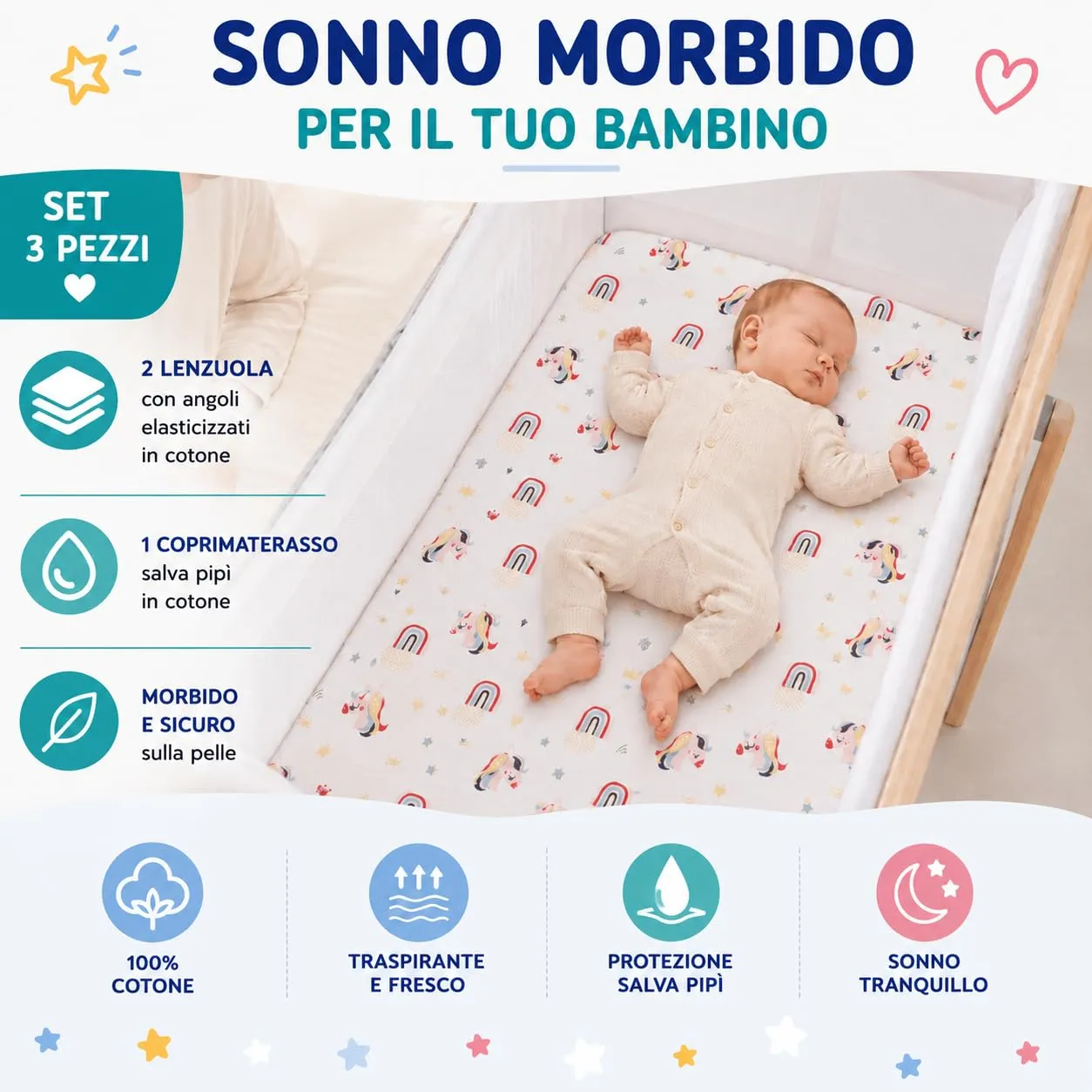 FlyIdeas Set Lenzuola Lettino Neonato 60x120 cm con Coprimaterasso Impermeabile, 2 Lenzuola con Angoli in Cotone - immagine 7