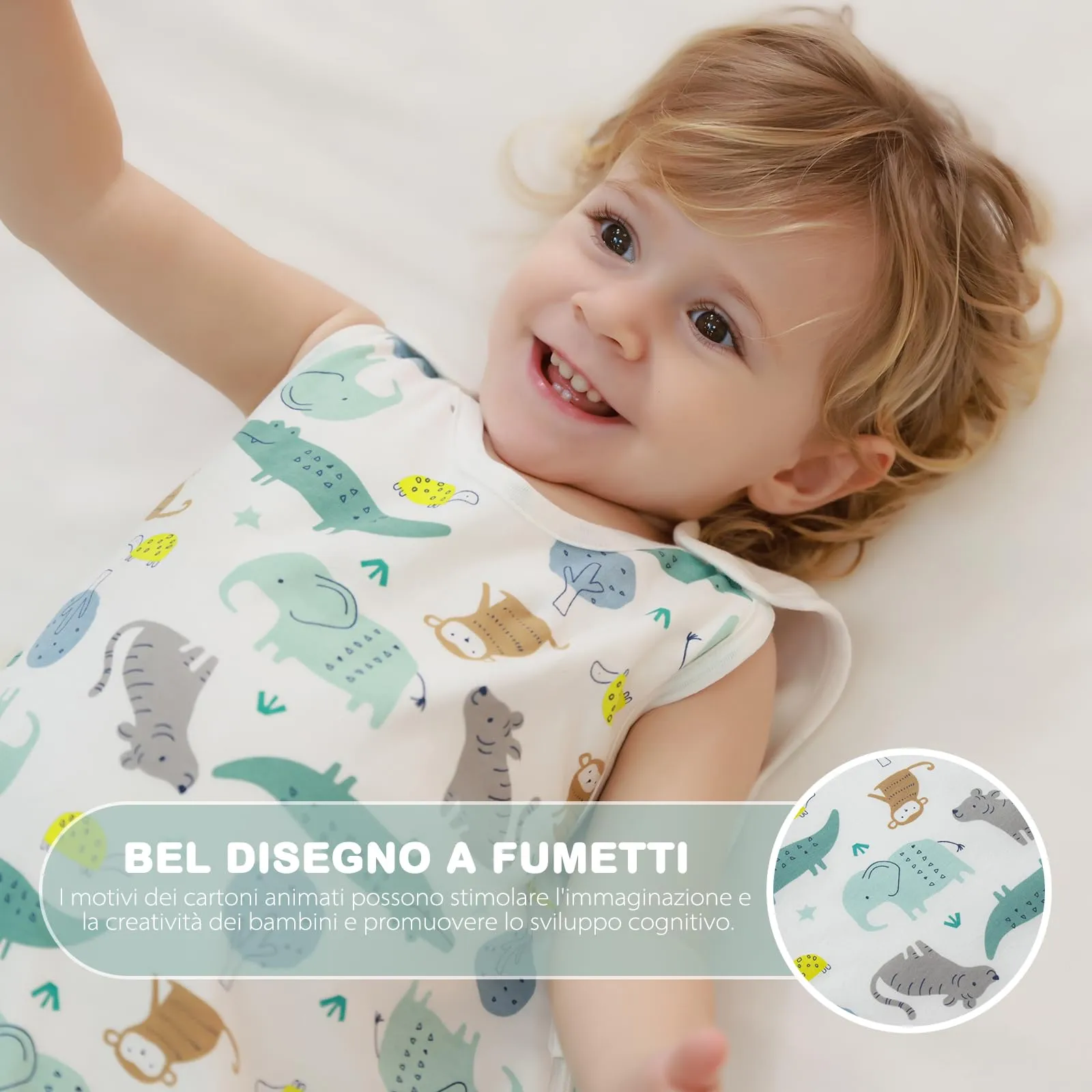 Mosebears Sacco Nanna Estivo in Cotone 1.0 Tog per Bambini, 18-24 Mesi, Paradiso Animali - immagine 4