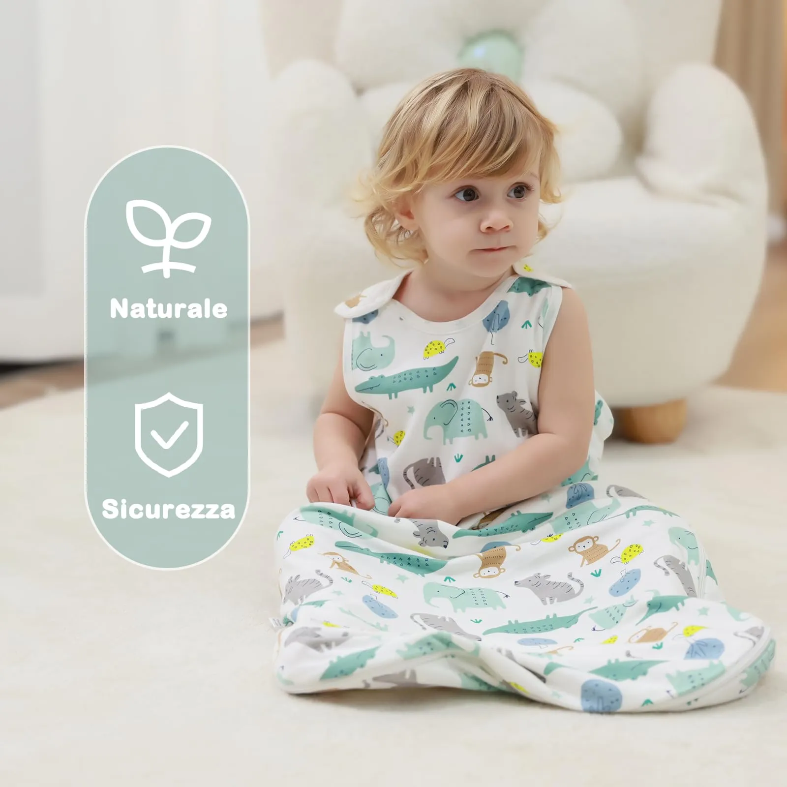 Mosebears Sacco Nanna Estivo Primaverile per Bambini, 1.0 TOG, Paradiso Animale, 6-12 Mesi - immagine 3