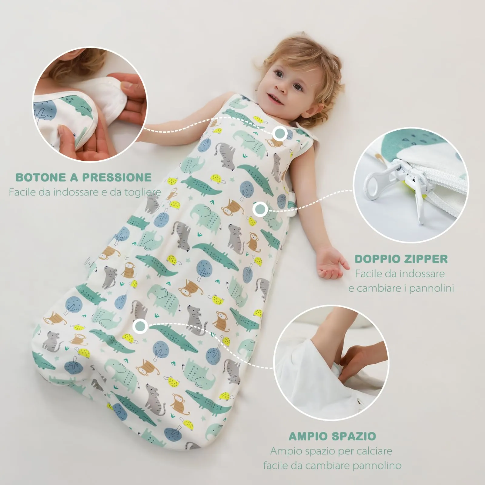Mosebears Sacco Nanna Estivo Primaverile Animal Cartoon 1.0 Tog per Bambini, 0-6 Mesi, Paradiso Animale - immagine 6