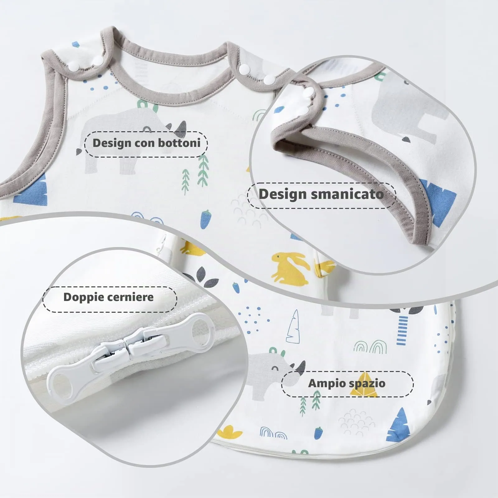 Mosebears Sacco Nanna Estivo 1.0 Tog per Neonati, Cotone, Rinoceronte, 6-12 Mesi - immagine 5