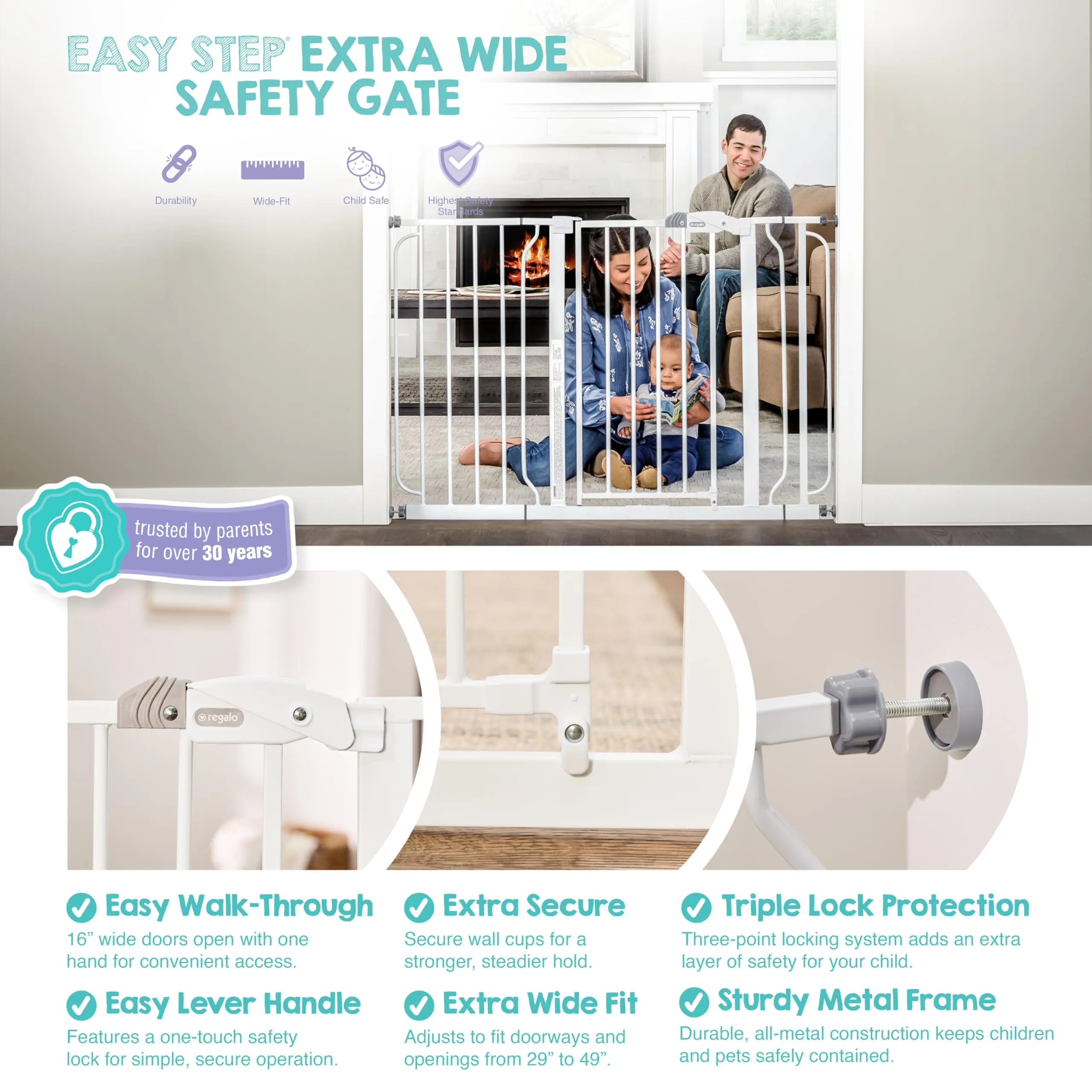 Regalo Extra Wide Baby Gate for Doorways and Bottom of Stairs, 73.6-122cm, Pressure Mounted, White - immagine 4