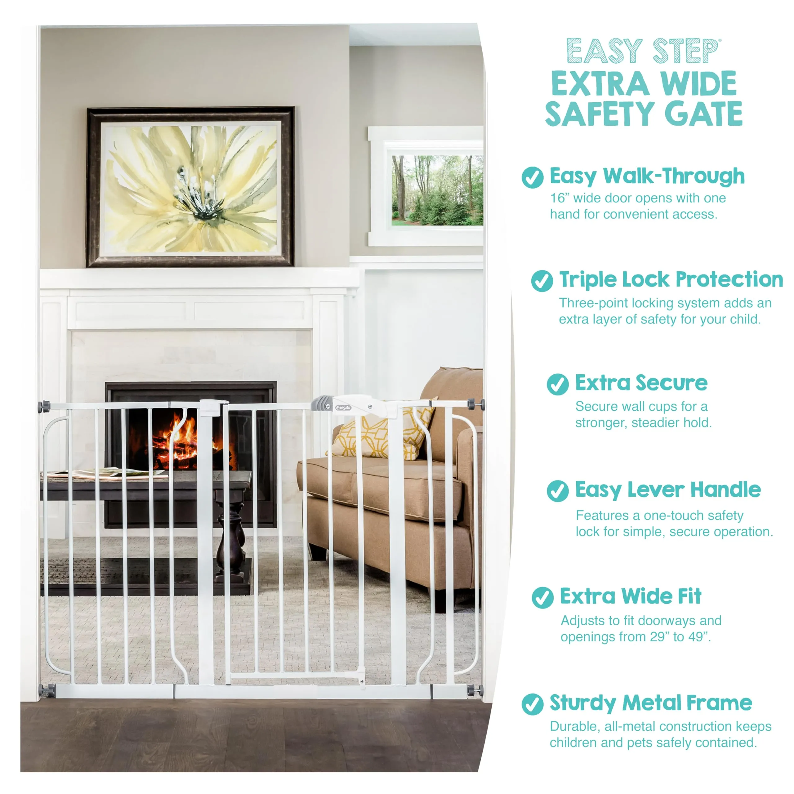 Regalo Extra Wide Baby Gate for Doorways and Bottom of Stairs, 73.6-122cm, Pressure Mounted, White - immagine 5