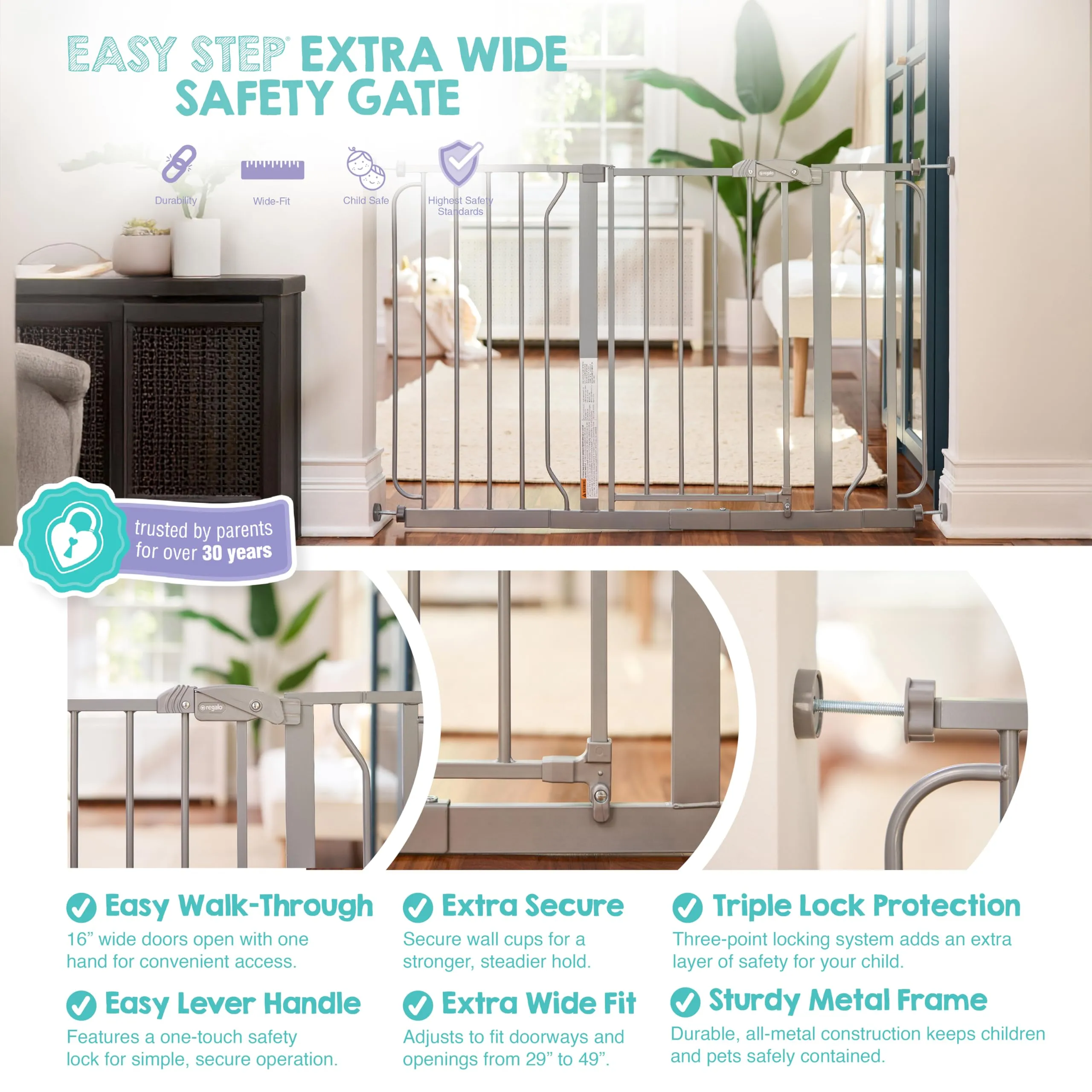 Regalo Extra Wide Baby Gate, 73.6-122cm, Pressure Mounted, Platinum - immagine 3