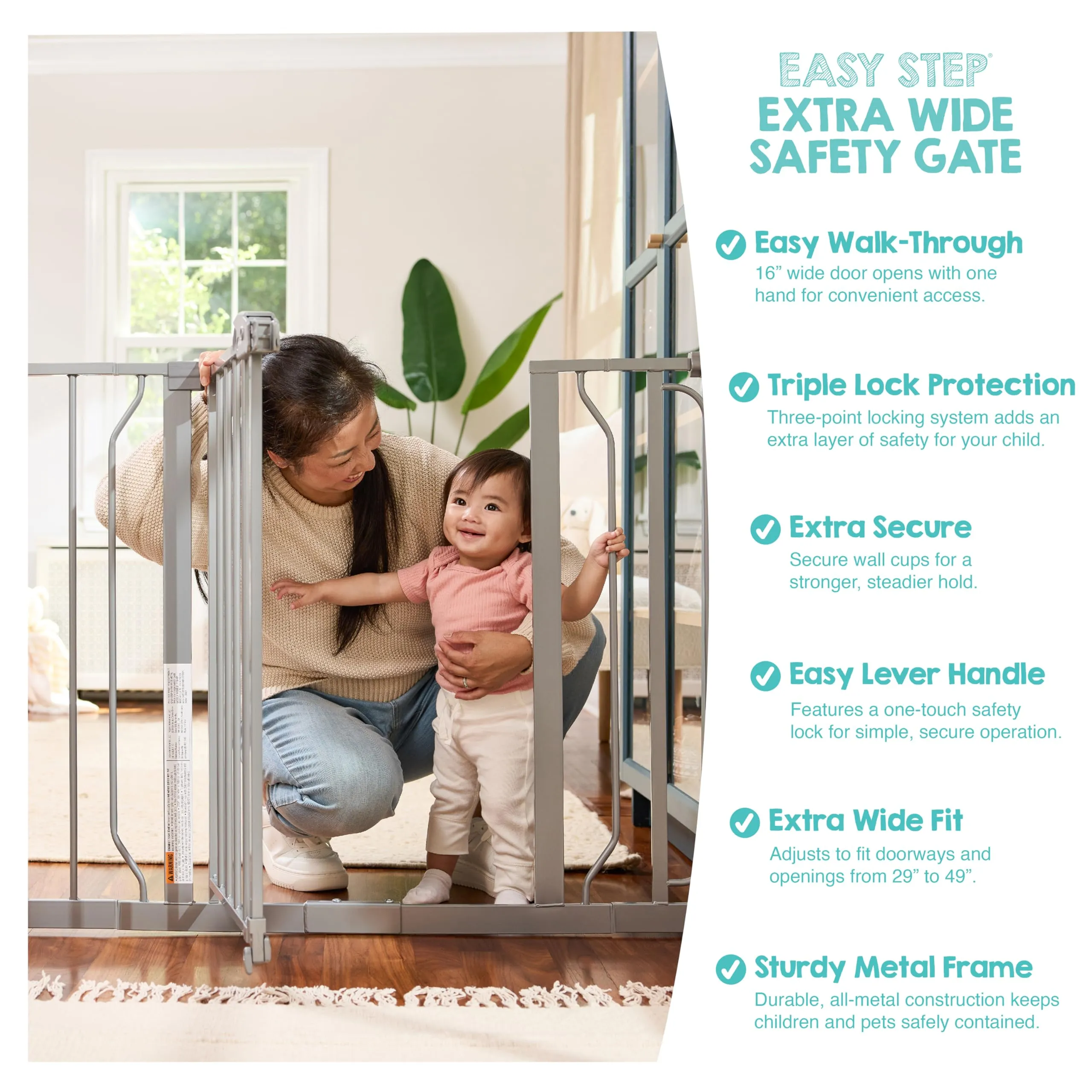 Regalo Extra Wide Baby Gate, 73.6-122cm, Pressure Mounted, Platinum - immagine 4