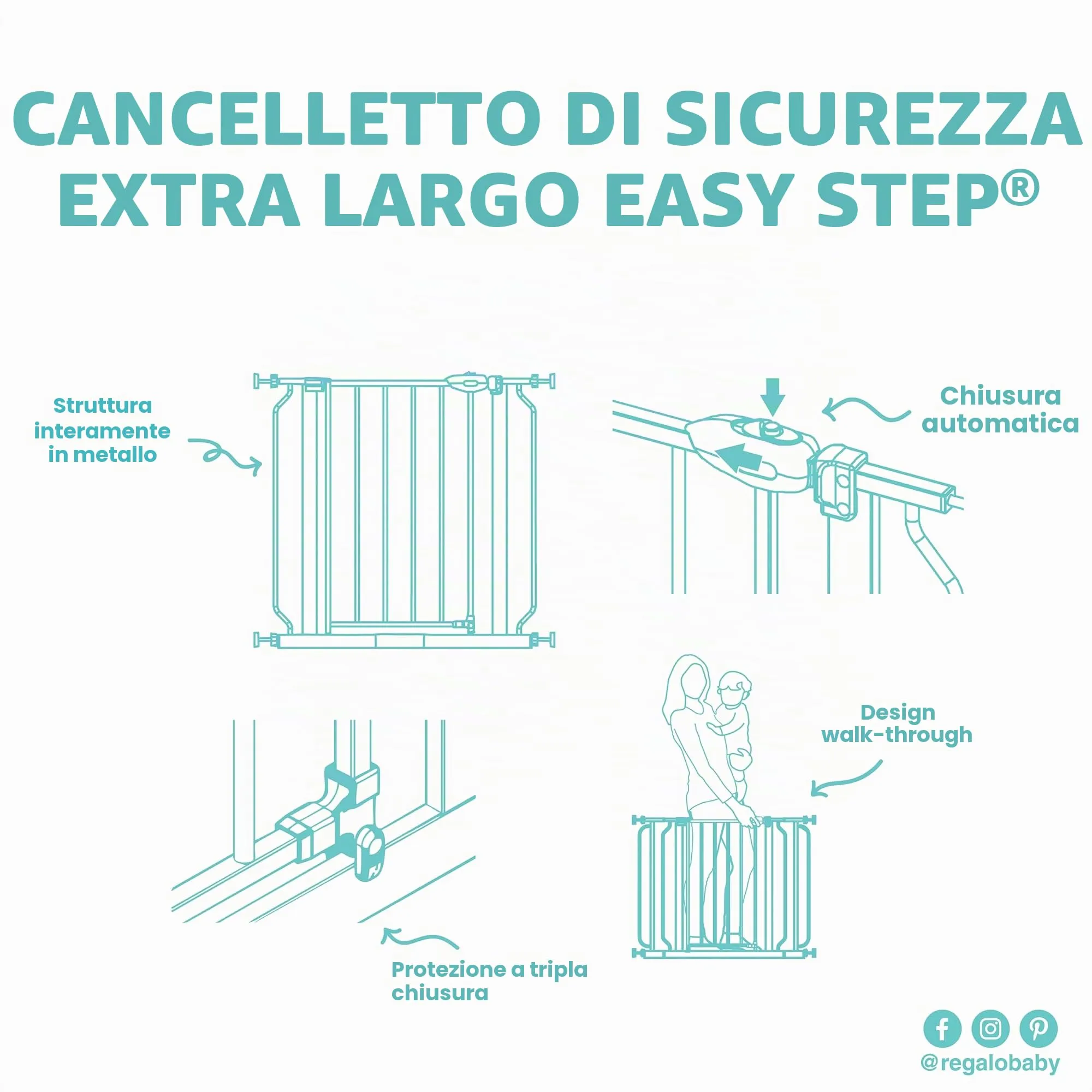 Regalo Extra Wide Baby Gate, 73.6-122cm, Pressure Mounted, Platinum - immagine 9