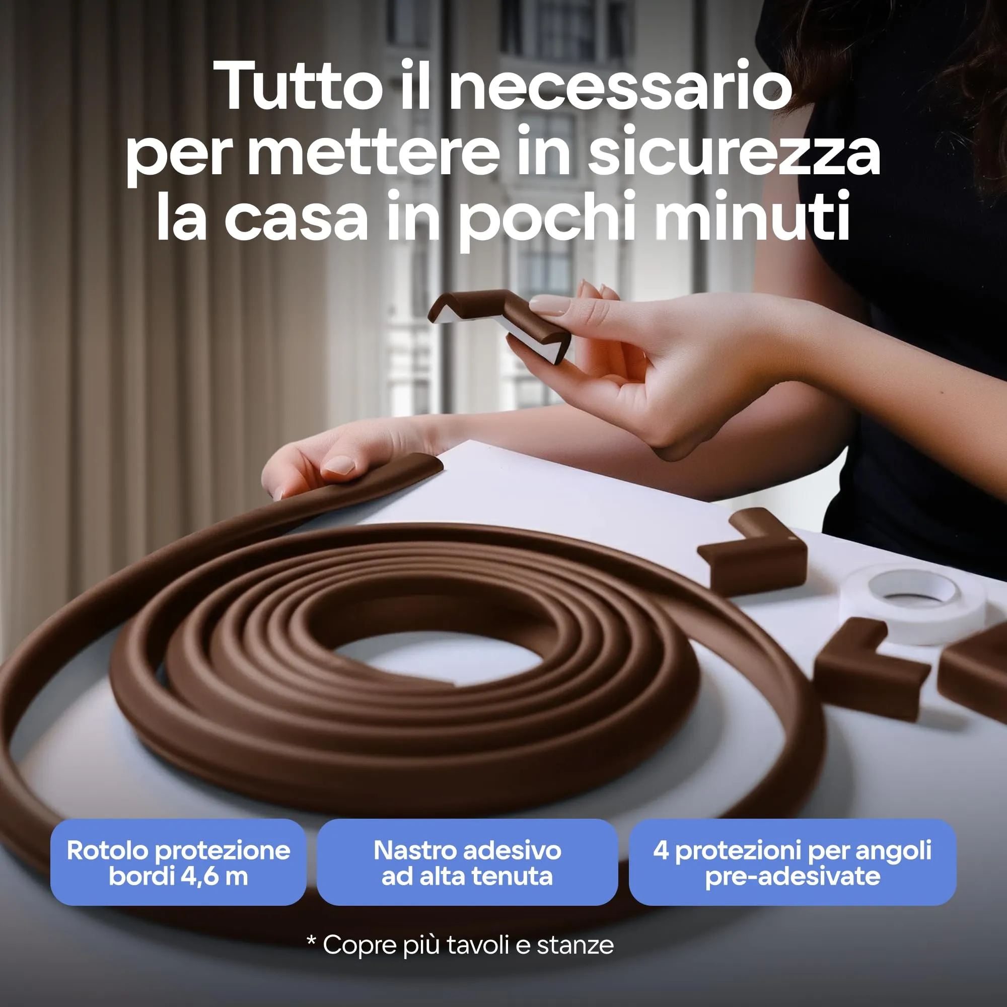 Komfortology Paraspigoli e Bordo Protettivo 4,5 m con 4 Angoli Adesivi, Marrone - immagine 3