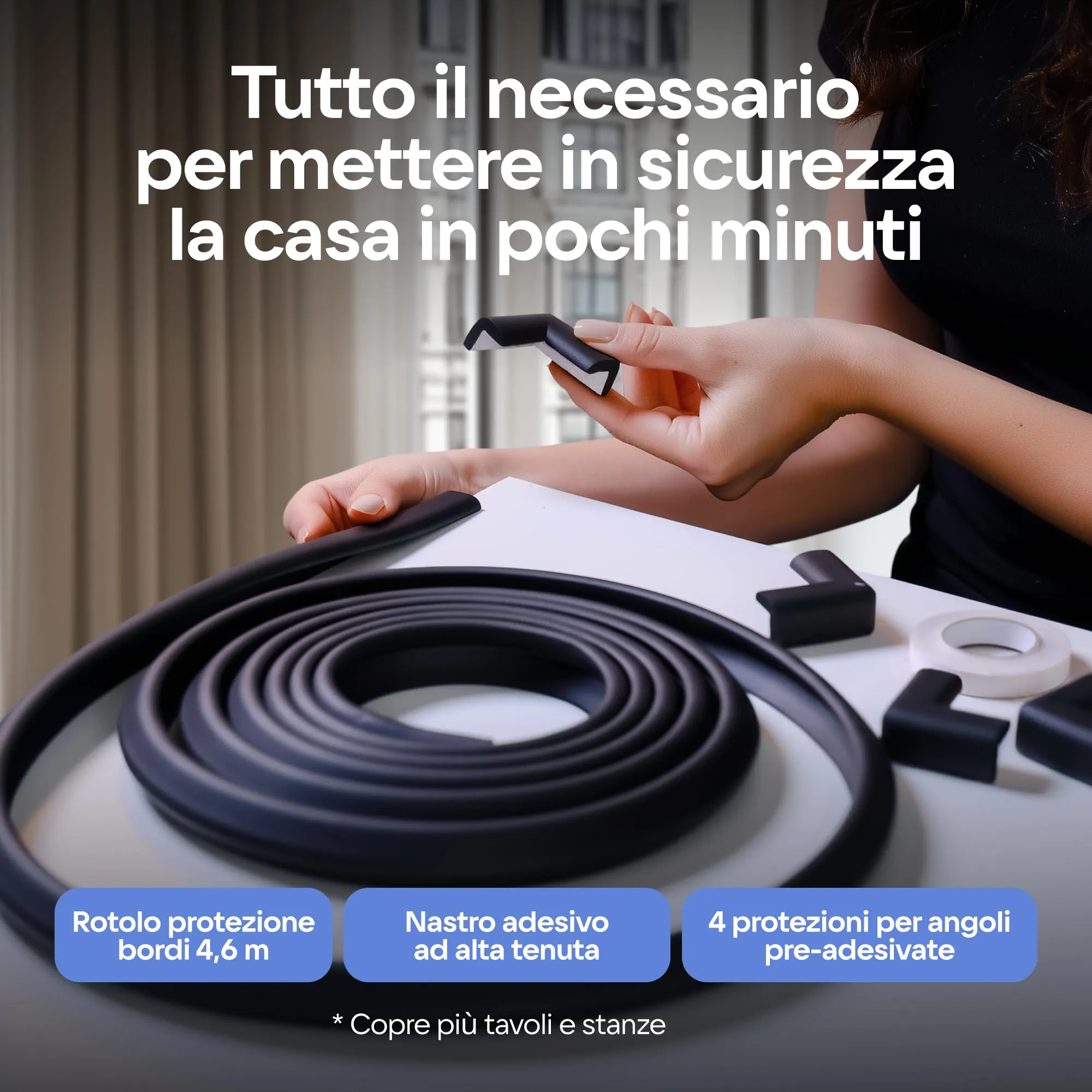 Komfortology Protezioni per bordi e angoli per mobili, set in schiuma con 4,9 m di cuscino protettivo, 4,6 m di paraurti e 4 angoli adesivi - immagine 3