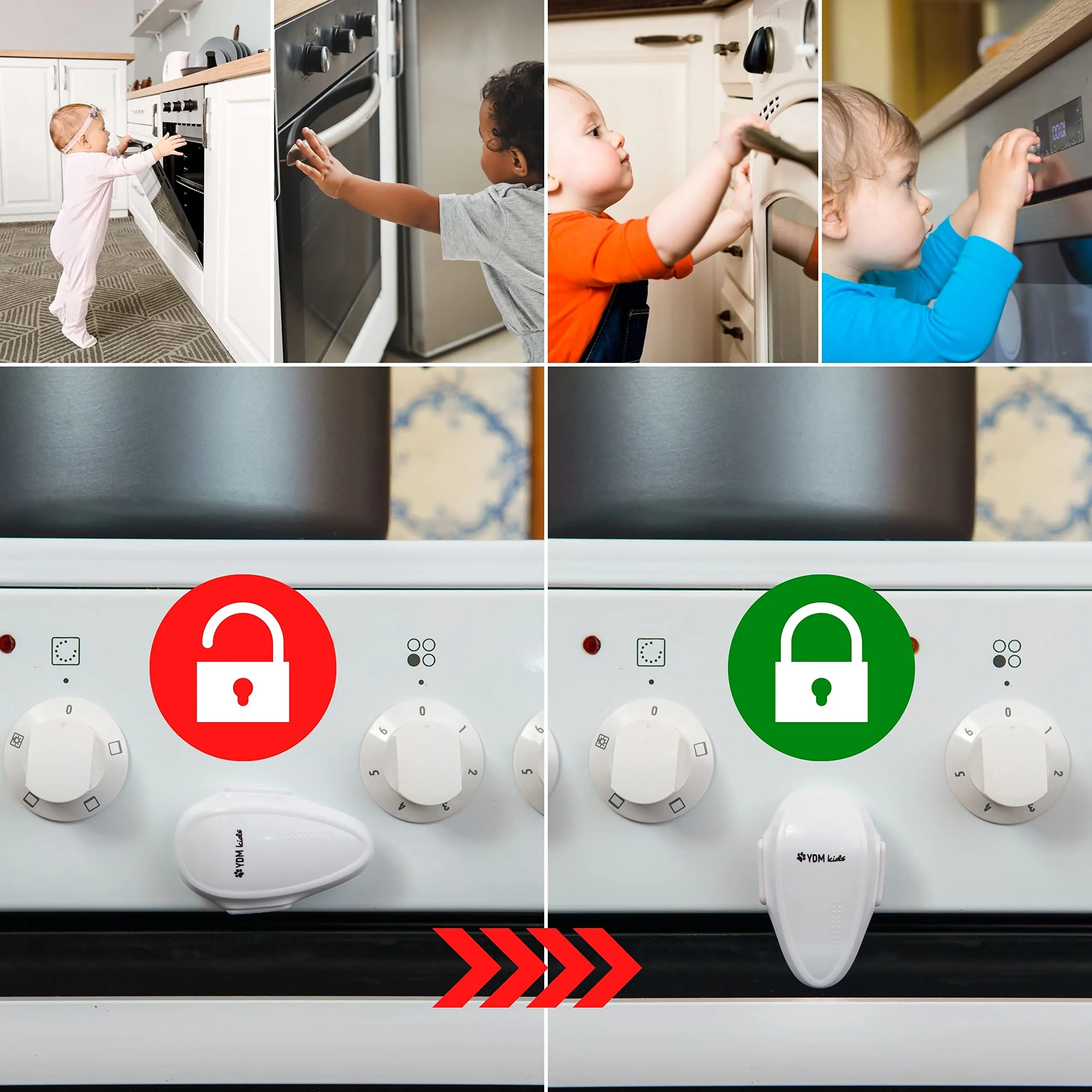 Your Day Mate Blocco Sicurezza Forno con Adesivo Termoresistente e Doppio Pulsante, Bianco, 2 pezzi - immagine 3
