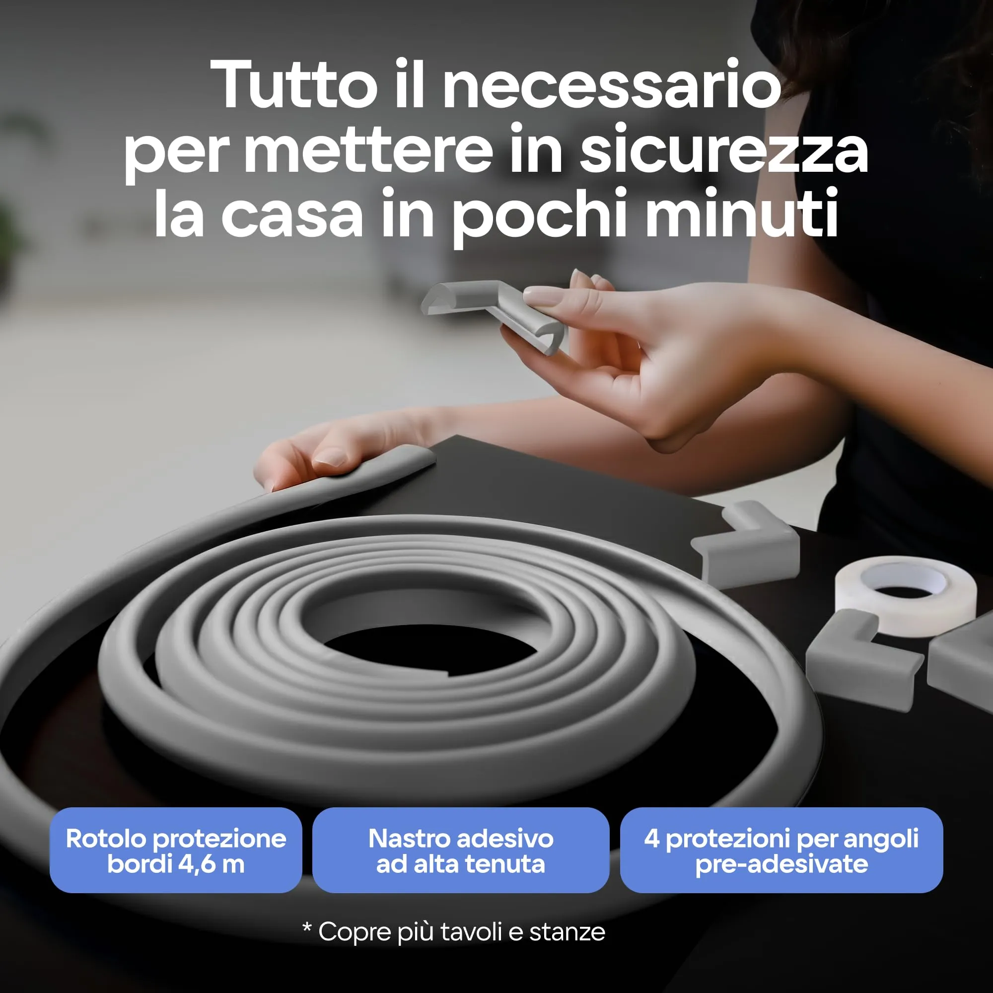 Komfortology Set Sicurezza Bambini Paraspigoli e Bordo Protettivo 4,5 m con 4 Angoli in Gommapiuma, Grigio - immagine 3