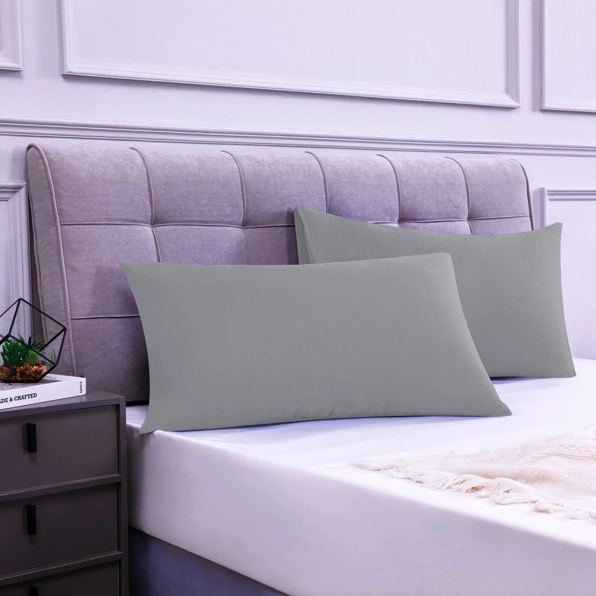 Poligino Federe Cuscini Letto Matrimoniale in Cotone 40x70 cm, Set 2, Grigio Chiaro - immagine 2
