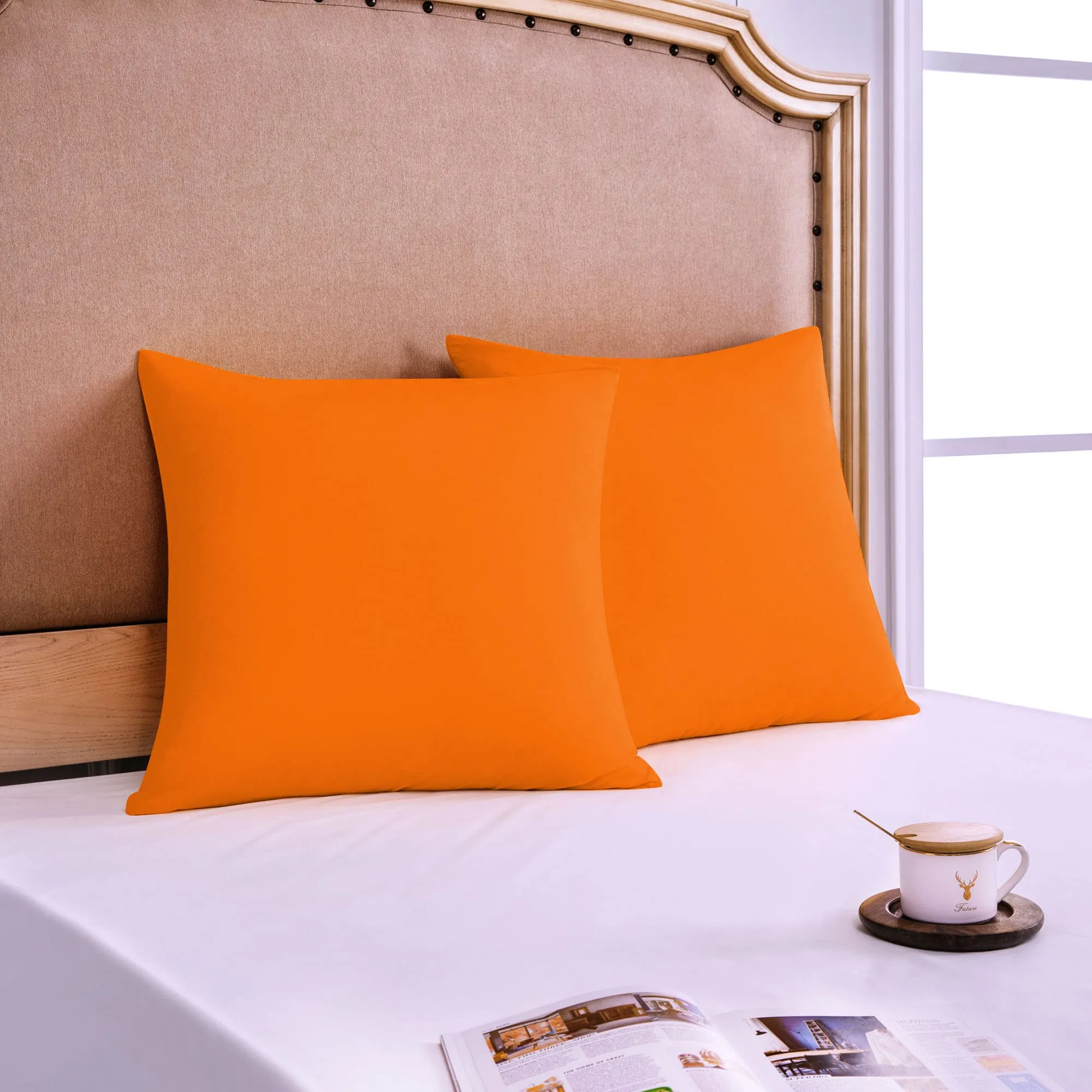 Poligino Federe Cuscini Letto Matrimoniale in Cotone 65x65 cm, Set 2 Pezzi, Arancione - immagine 2