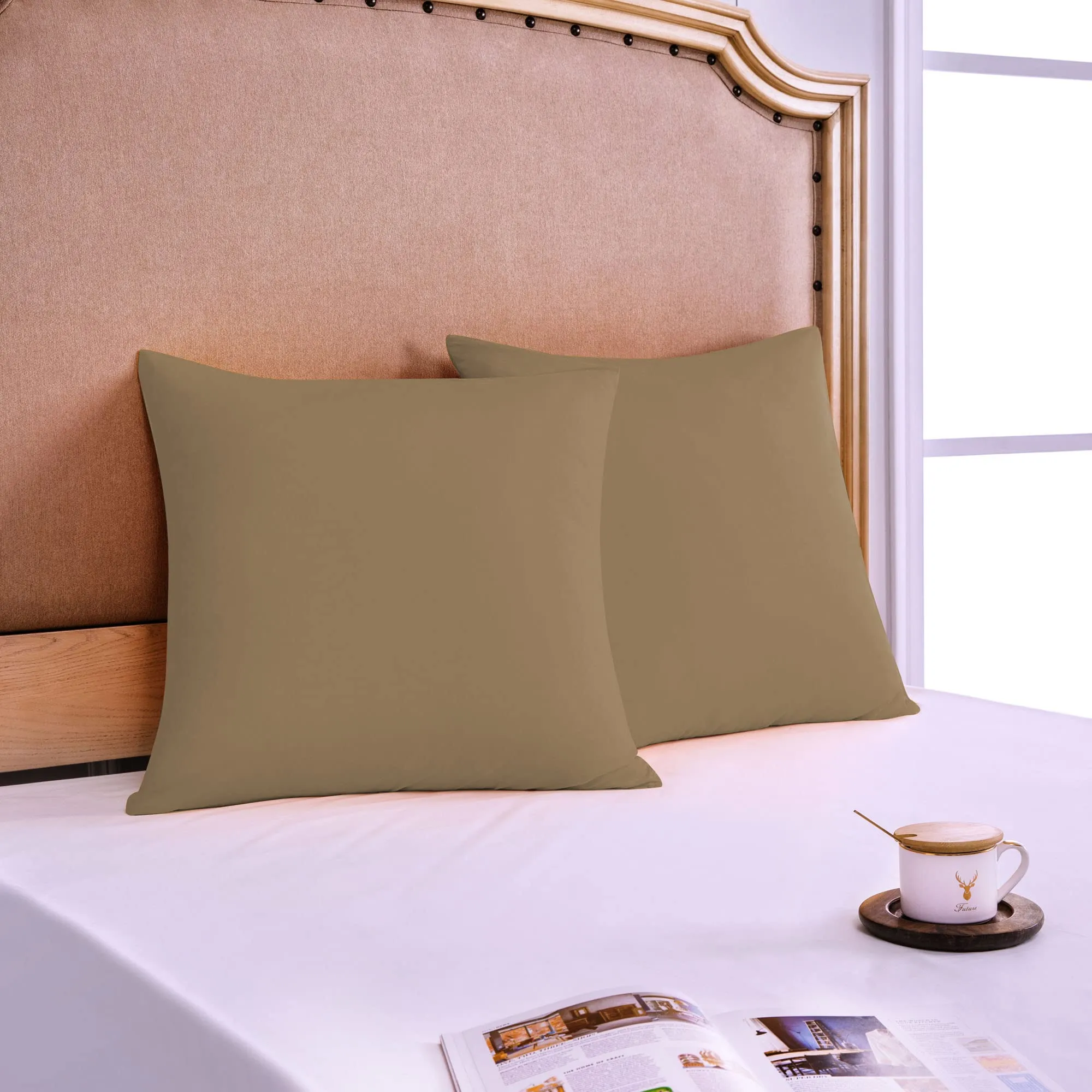 Poligino Set 2 Federe Cuscini Letto Matrimoniale in Cotone 65x65 cm - Tortora - immagine 2
