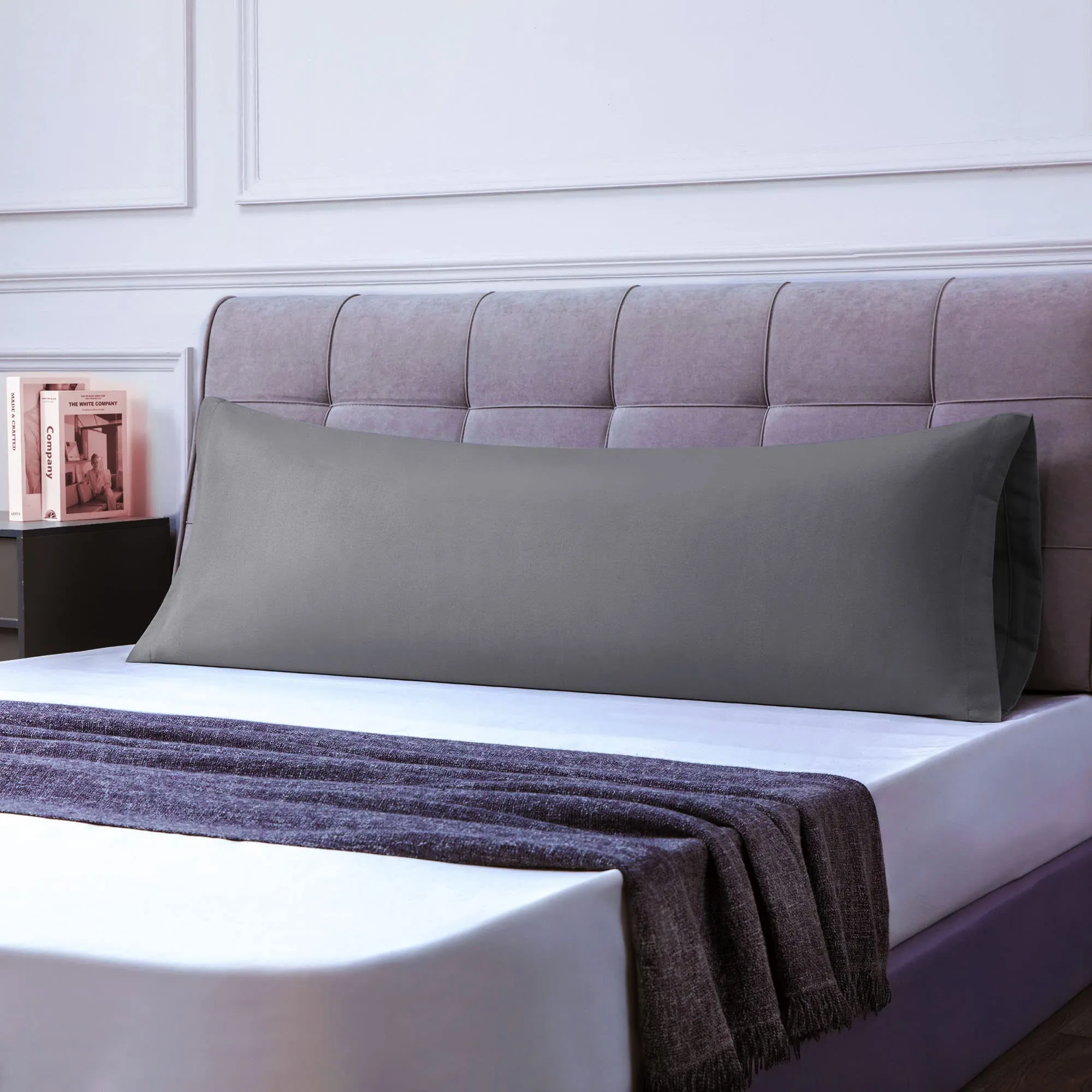 Poligino Federe Cuscini Letto Matrimoniale in Cotone 45x135 cm, Grigio Scuro - immagine 2