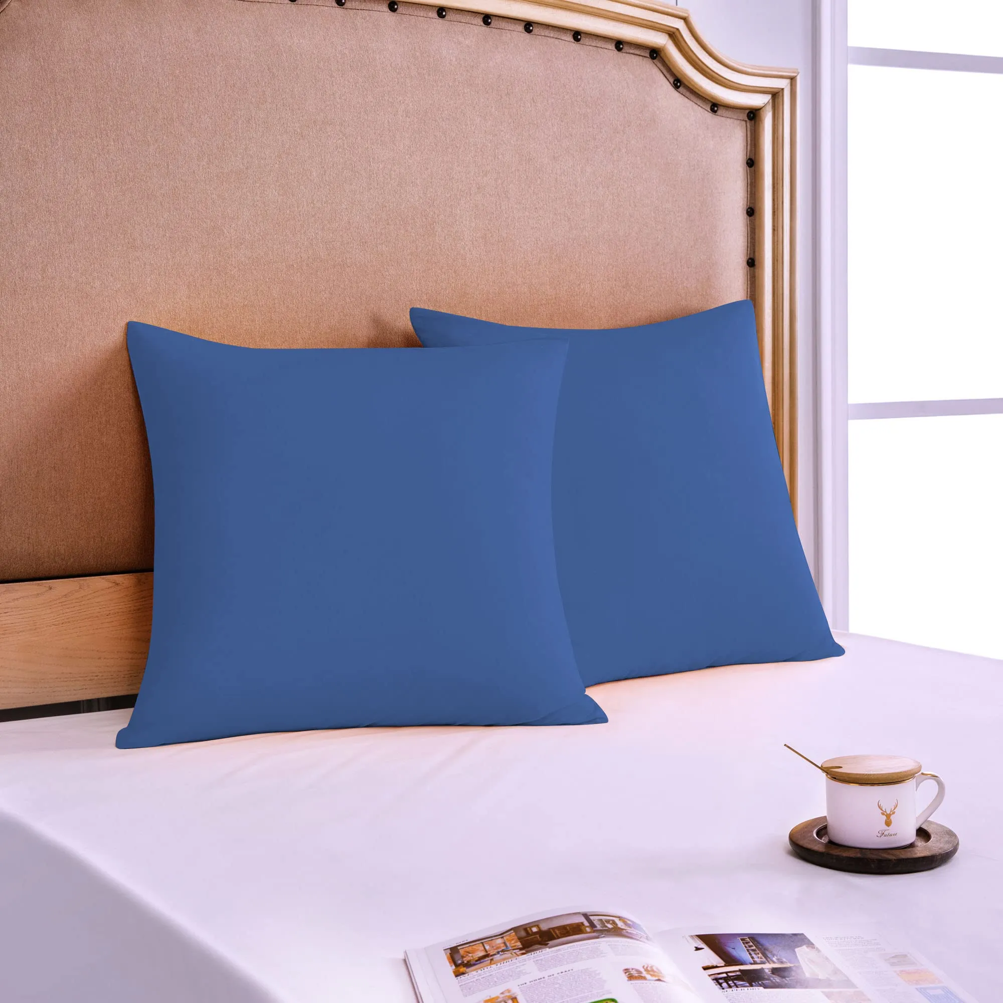Poligino Federe Cuscini Letto Matrimoniale in Cotone 65x65 cm, Set 2 Pezzi, Oeko-TEX, Blu - immagine 2