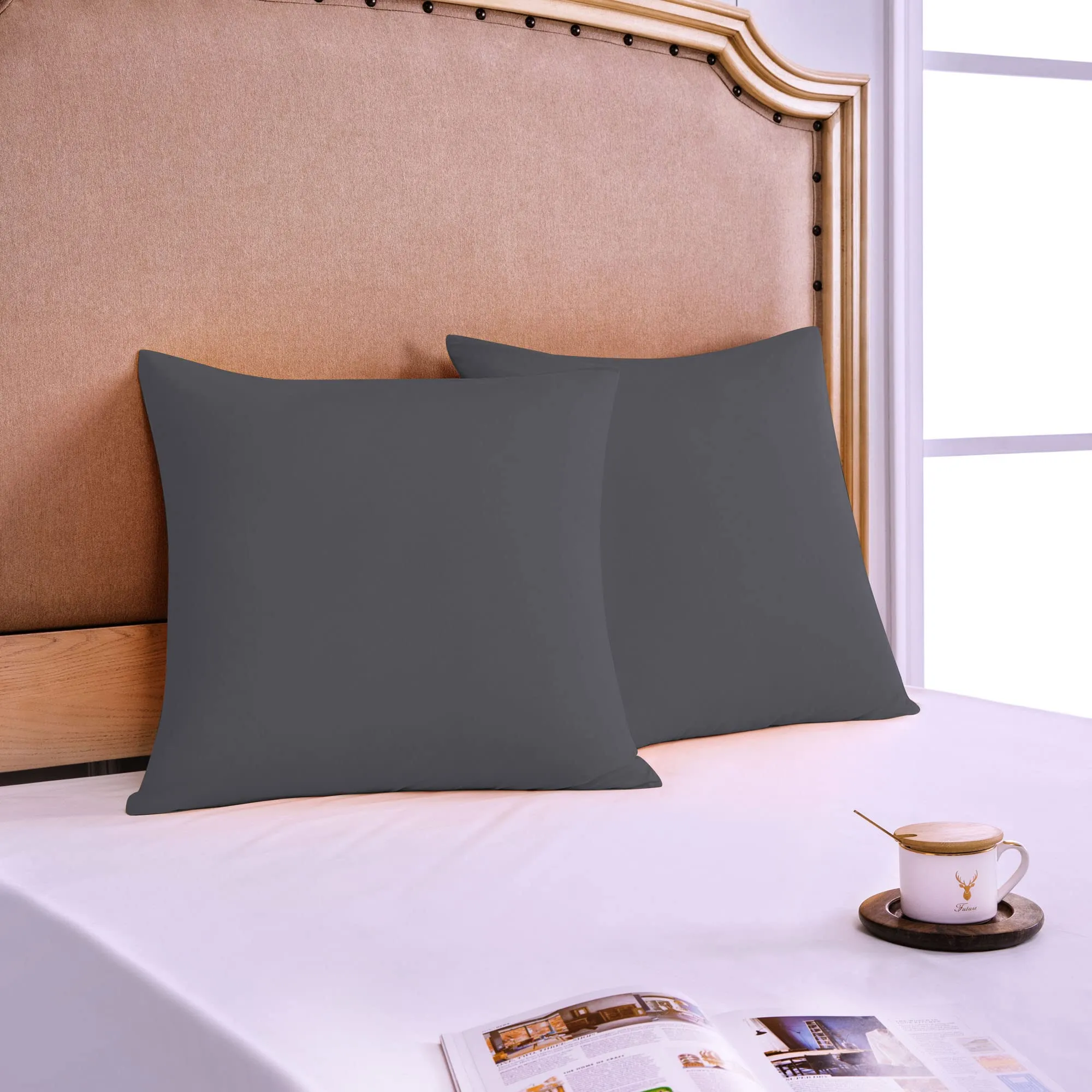 Poligino Federe Cuscini Letto Matrimoniale in Cotone, 65x65 cm, Set di 2, Grigio Scuro - immagine 2