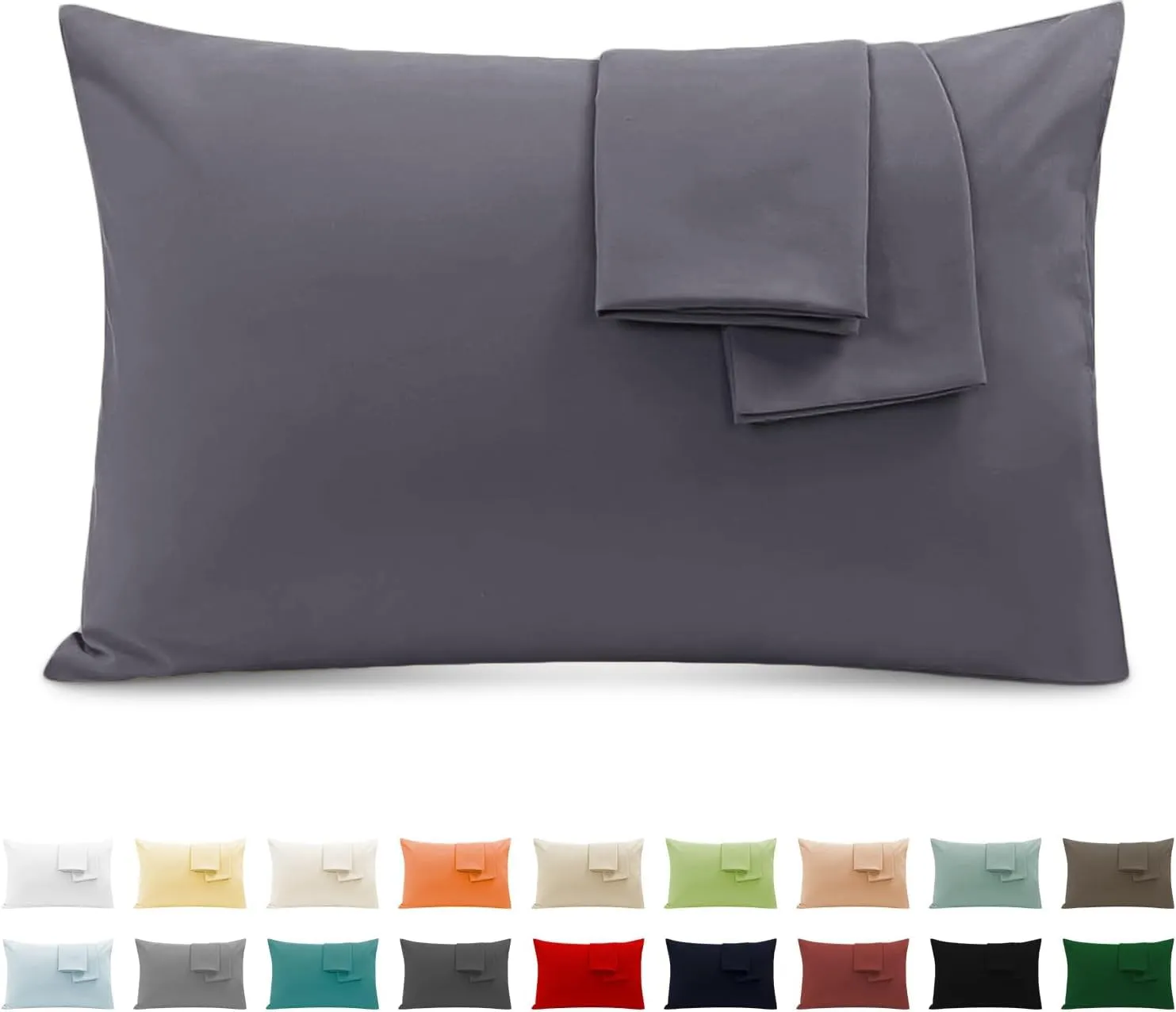 Poligino Federe Cuscini Letto Matrimoniale in Cotone 50x70 cm, Set 2 Pezzi, Oeko-TEX, Grigio Scuro - immagine 1