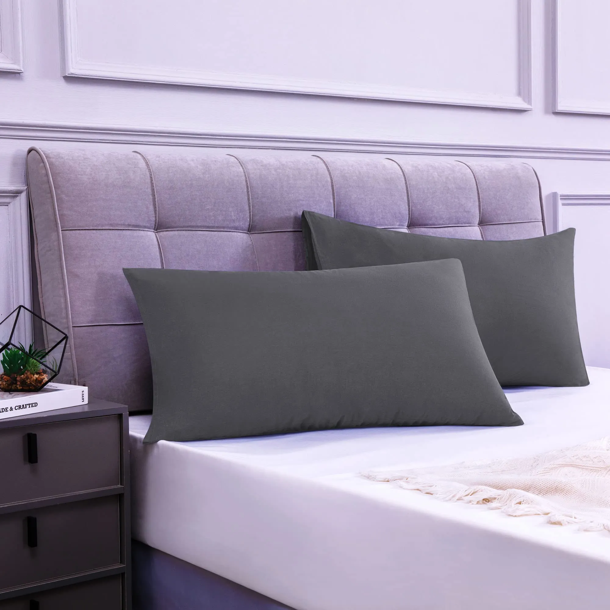 Poligino Federe Cuscini Letto Matrimoniale in Cotone 50x70 cm, Set 2 Pezzi, Oeko-TEX, Grigio Scuro - immagine 2