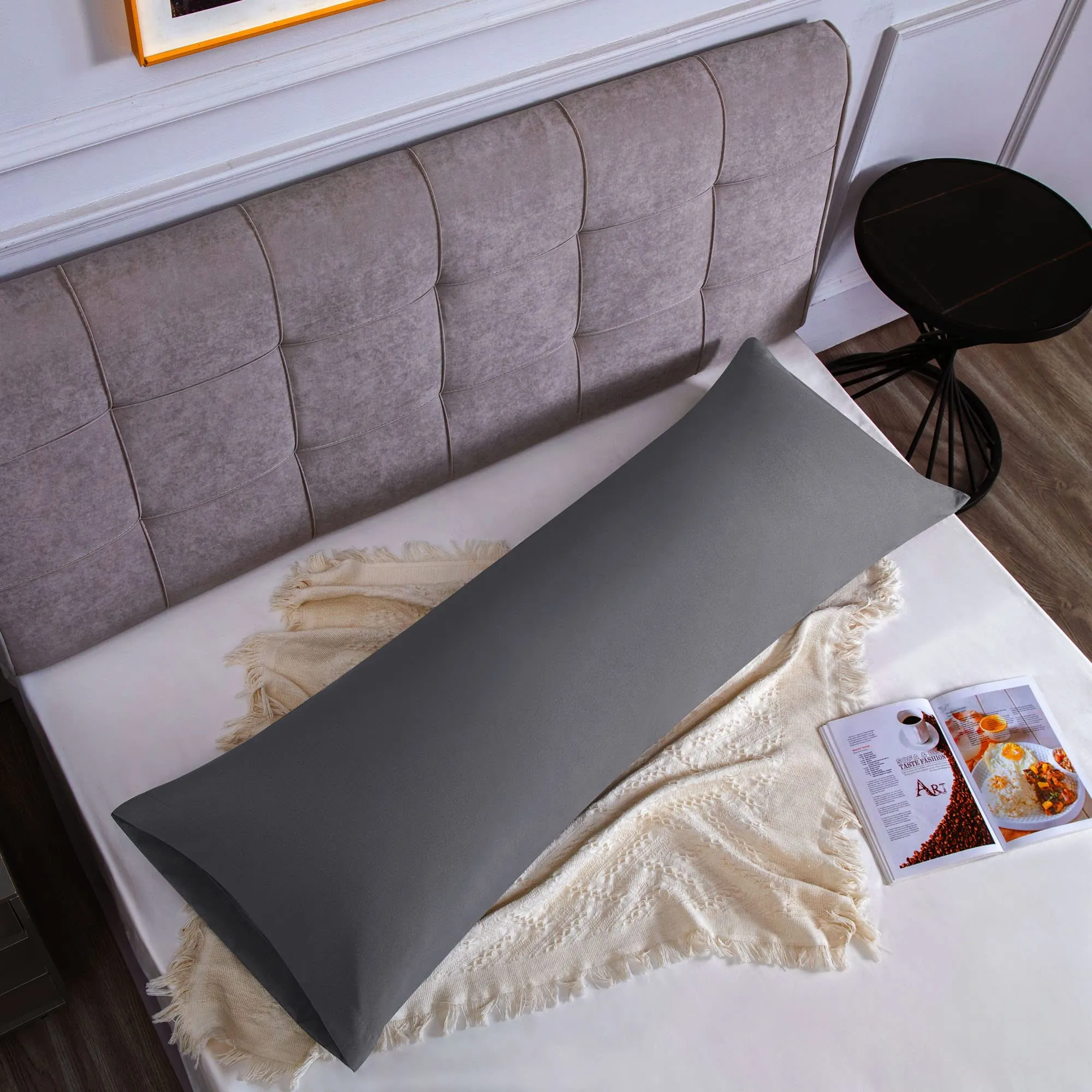 Poligino Federe Cuscini Letto Matrimoniale in Cotone 45x150 cm, Grigio Scuro - immagine 1