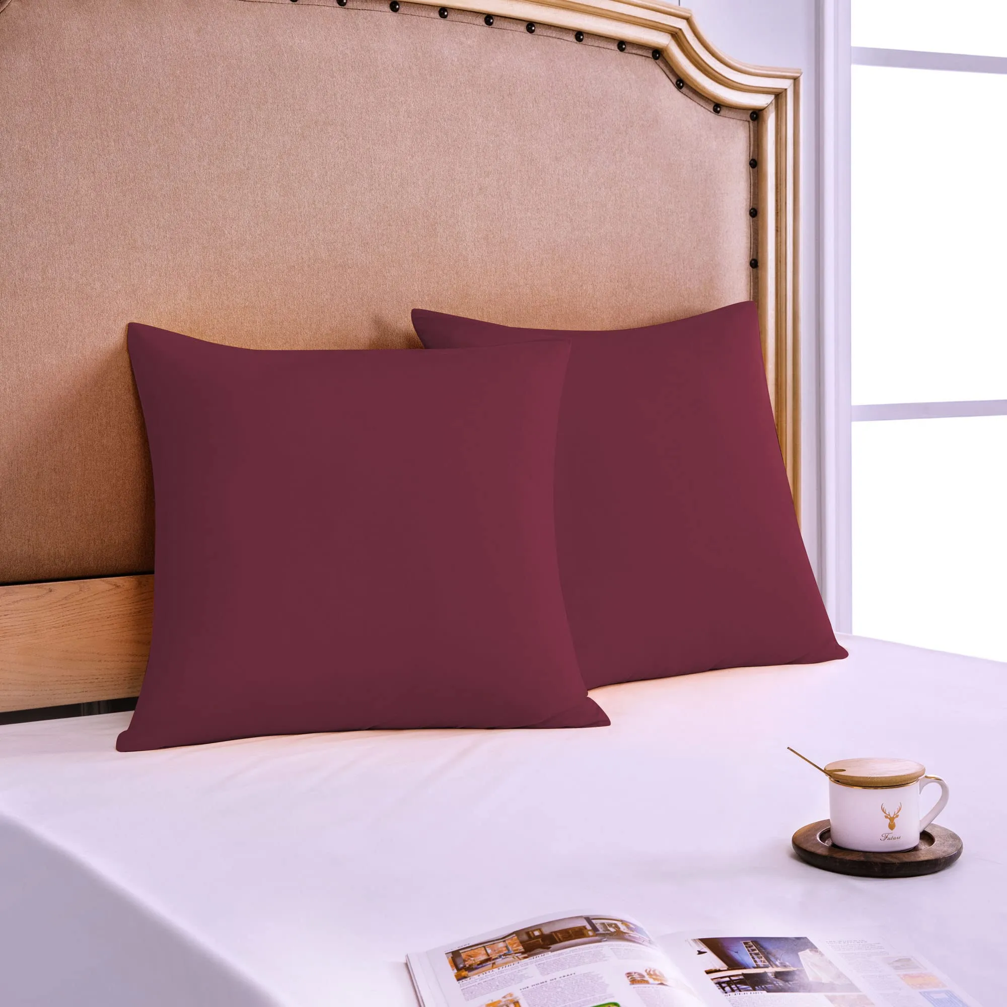 Poligino Set 2 Federe Cuscini Letto Matrimoniale in Cotone 65x65 cm, Oeko-Tex, Bordeaux - immagine 2