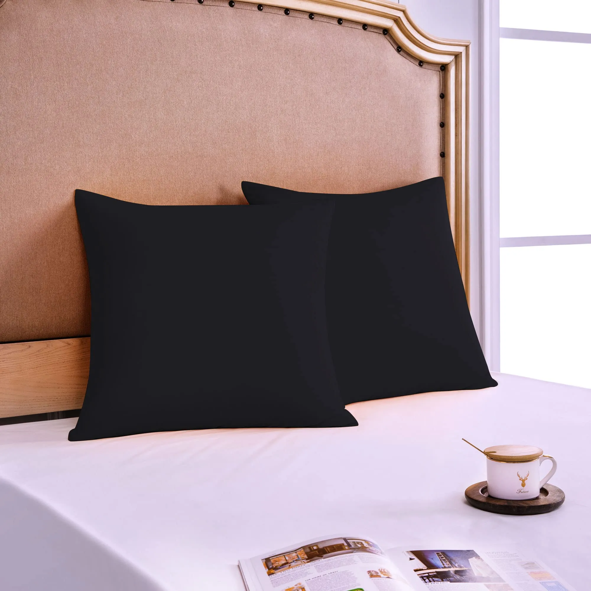Poligino Set 2 Federe Cuscini Letto Matrimoniale in Cotone 65x65 cm, Nero - immagine 2