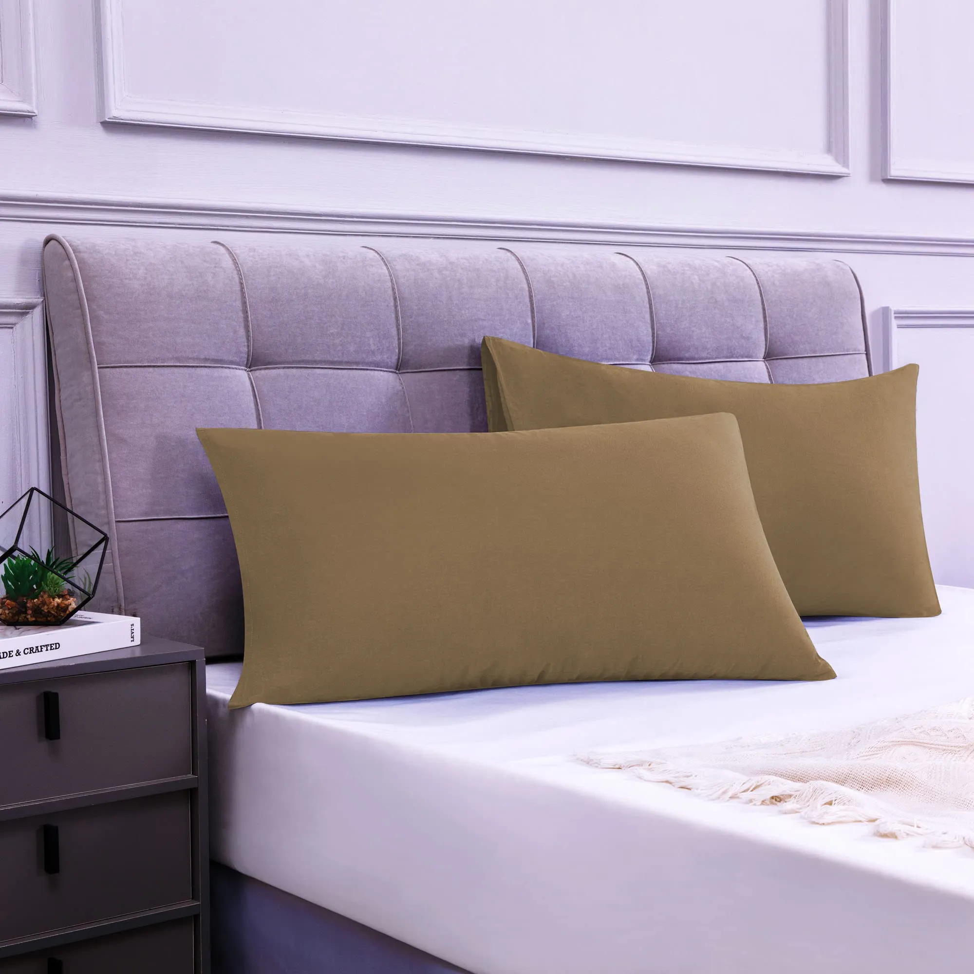 Poligino Federe Cuscini Letto Matrimoniale in Cotone 40x70 cm, Set 2 Pezzi, Tortora - immagine 2