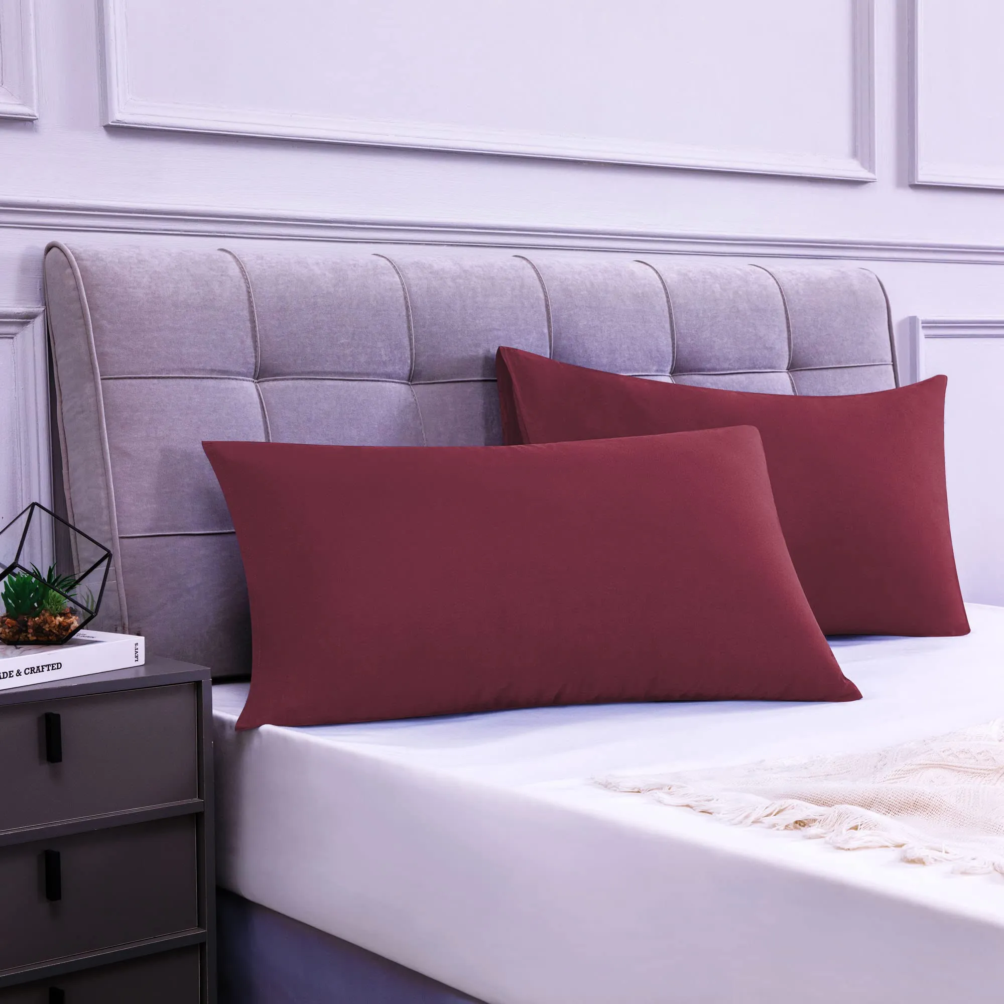Poligino Set 2 Federe Cuscini Letto Matrimoniale in Cotone 40x70 cm, Bordeaux - immagine 2