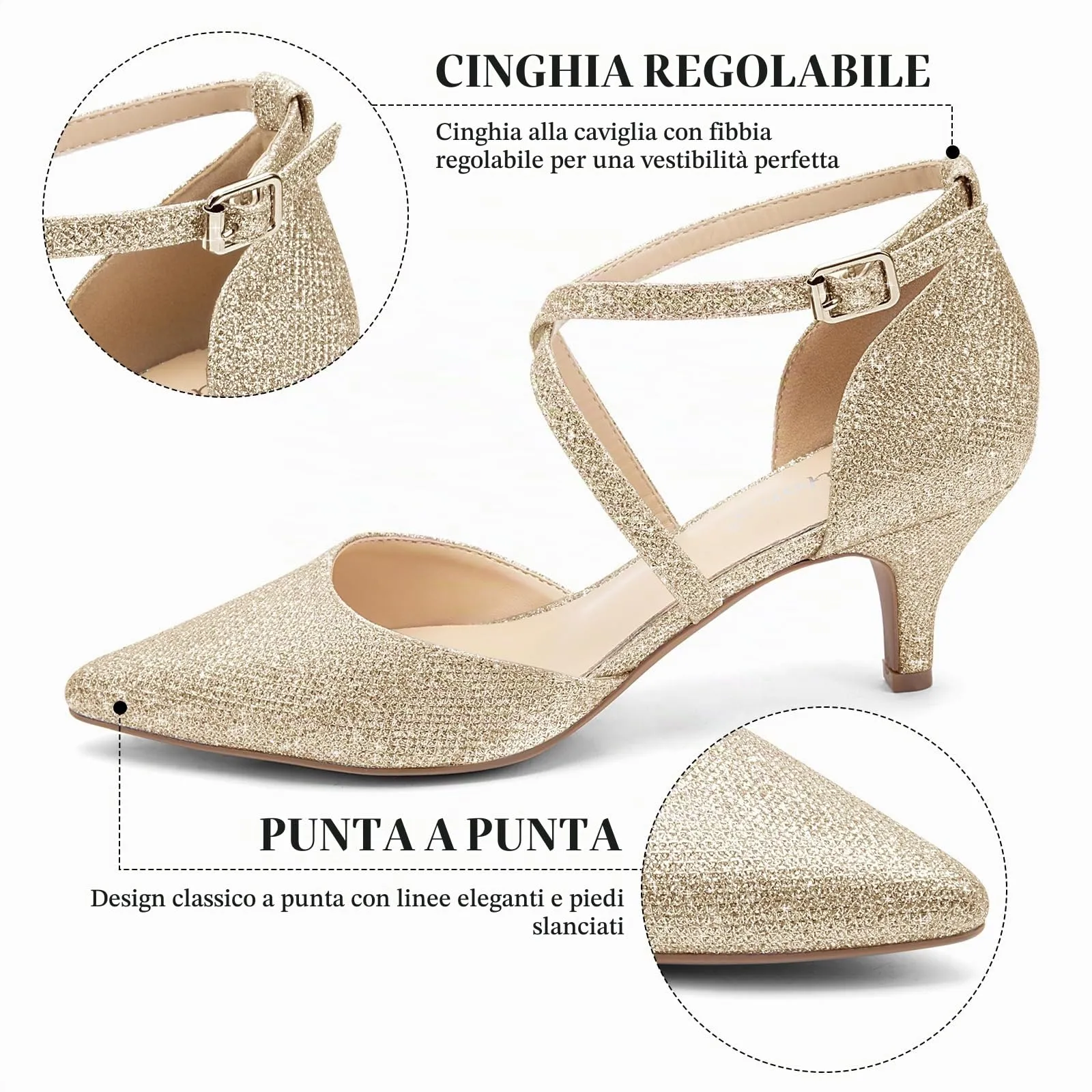 Greatonu Scarpe da Donna a Punta con Cinturino alla Caviglia e Tacco Basso, Oro Glitter, 38 EU - immagine 3