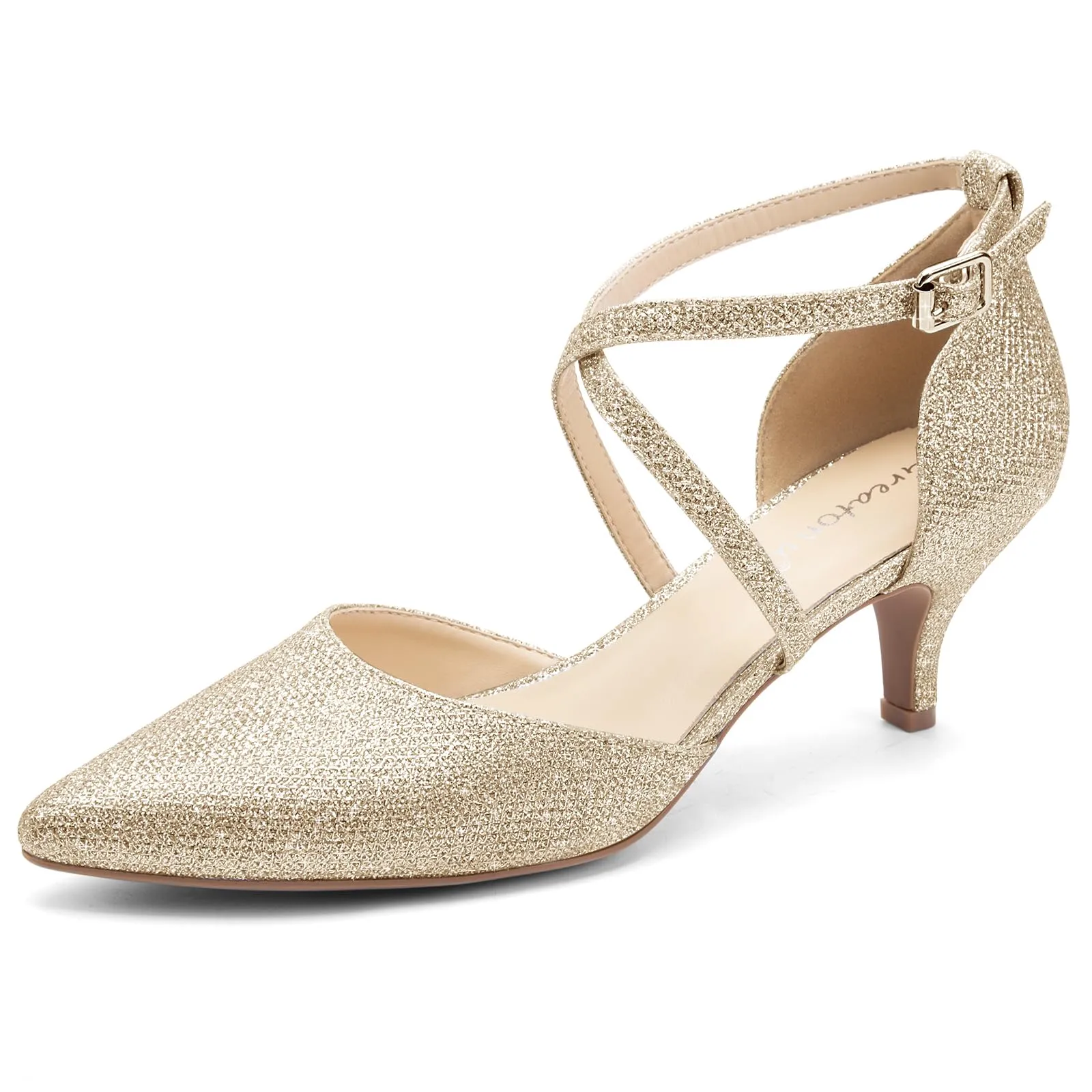 Greatonu Scarpe da Donna a Punta con Cinturino alla Caviglia e Tacco Basso, Oro Glitter, 39 EU - immagine 1